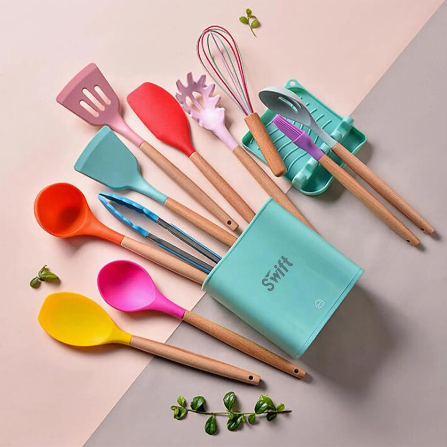 ست لوازم آشپزی سیلیکونی Swift، ۱۳ تکه کاردک آشپزی نچسب مقاوم در برابر حرارت، ست ظروف آشپزی سیلیکونی، ابزار آشپزی دسته چوبی با سطل - (چند رنگ)