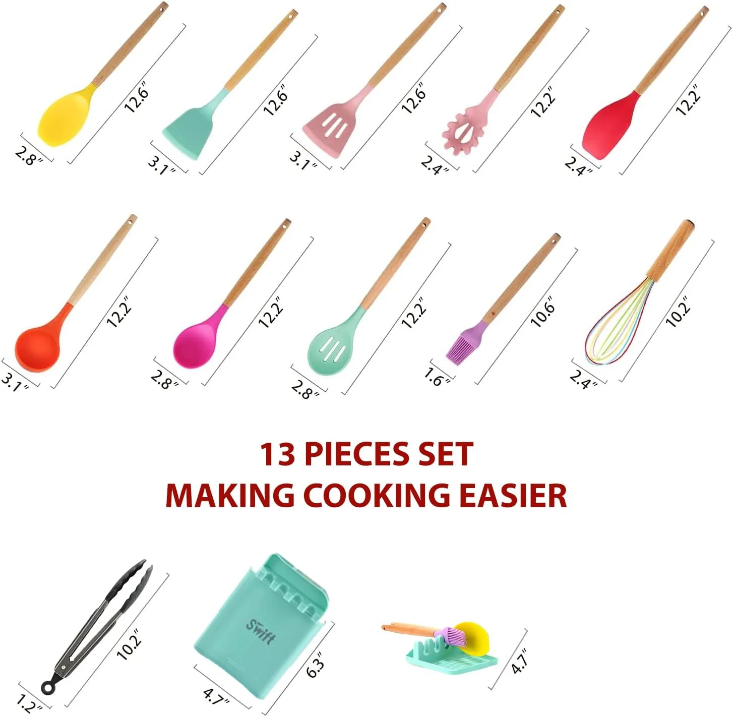 ست لوازم آشپزی سیلیکونی Swift، ۱۳ تکه کاردک آشپزی نچسب مقاوم در برابر حرارت، ست ظروف آشپزی سیلیکونی، ابزار آشپزی دسته چوبی با سطل - (چند رنگ)