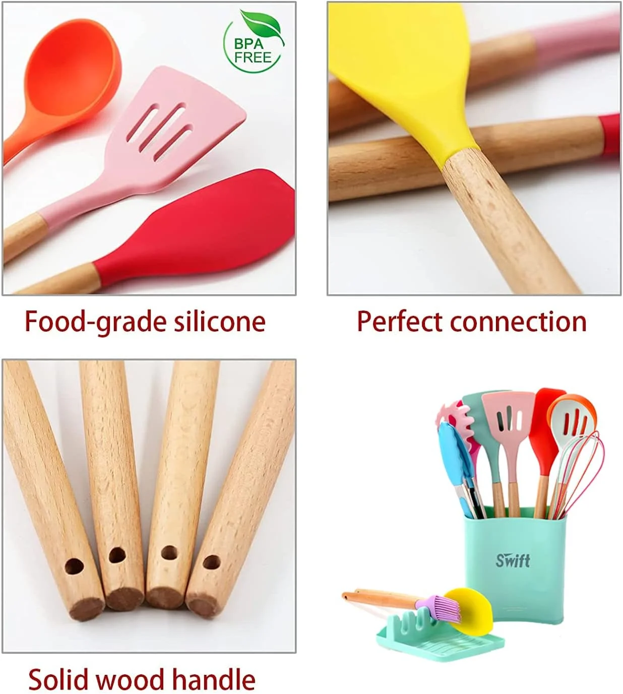 ست لوازم آشپزی سیلیکونی Swift، ۱۳ تکه کاردک آشپزی نچسب مقاوم در برابر حرارت، ست ظروف آشپزی سیلیکونی، ابزار آشپزی دسته چوبی با سطل - (چند رنگ)
