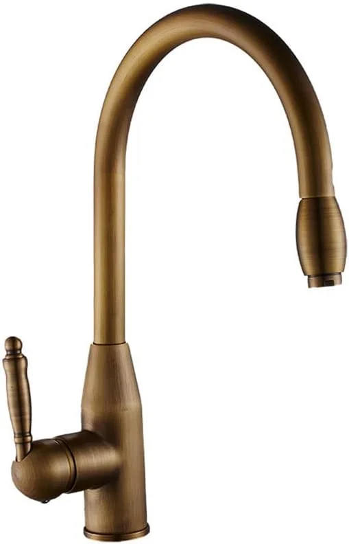 شیر آشپزخانه برنجی عتیقه با دسته تکی، تک سوراخ، شیرآلات مخلوط مسی عتیقه با اسپری کشویی، شیر سینک ظرفشویی بار با قابلیت چرخش 360 درجه