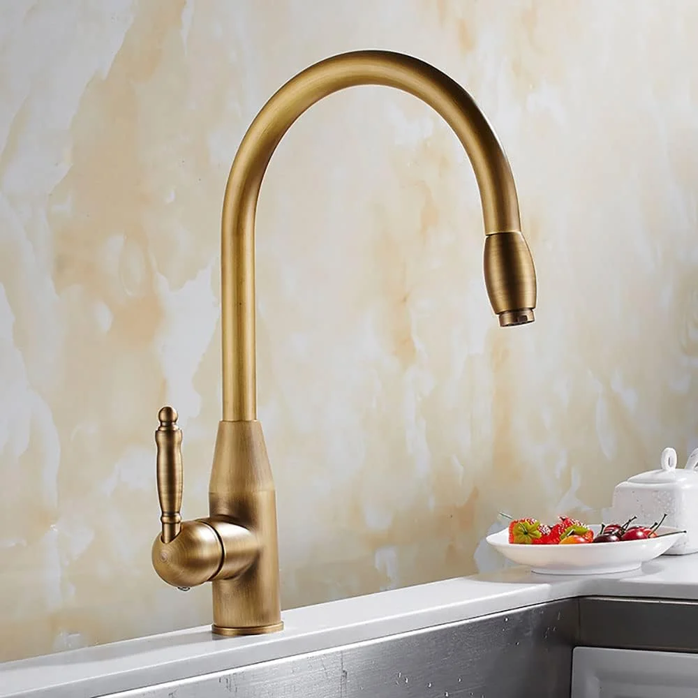 شیر آشپزخانه برنجی عتیقه با دسته تکی، تک سوراخ، شیرآلات مخلوط مسی عتیقه با اسپری کشویی، شیر سینک ظرفشویی بار با قابلیت چرخش 360 درجه