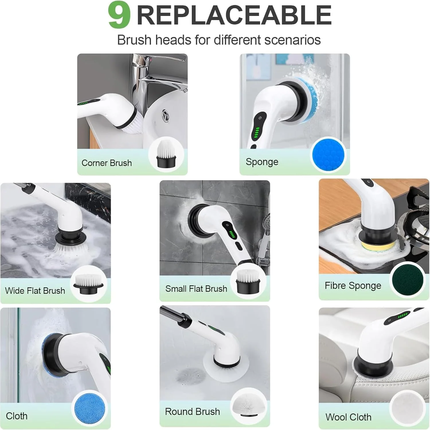 برس چرخشی برقی شارژی توشیونیکس، برس تمیز کننده چرخشی قابل شارژ با 9 سری قابل تعویض، دسته قابل تنظیم، مناسب برای حمام، آشپزخانه، کف، کاشی، وان، خودرو، 3 سرعت قابل تنظیم