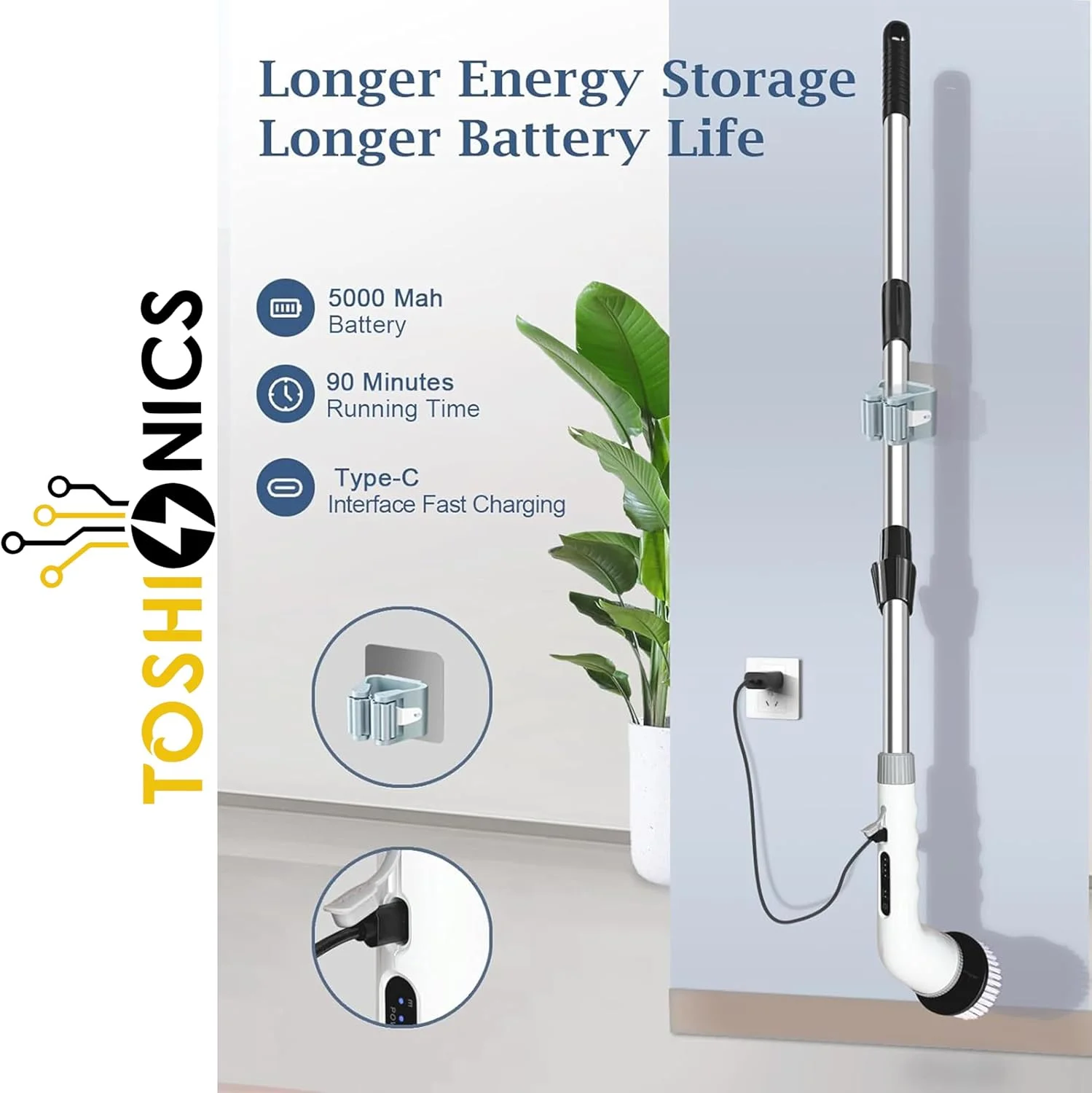 برس چرخشی برقی شارژی توشیونیکس، برس تمیز کننده چرخشی قابل شارژ با 9 سری قابل تعویض، دسته قابل تنظیم، مناسب برای حمام، آشپزخانه، کف، کاشی، وان، خودرو، 3 سرعت قابل تنظیم