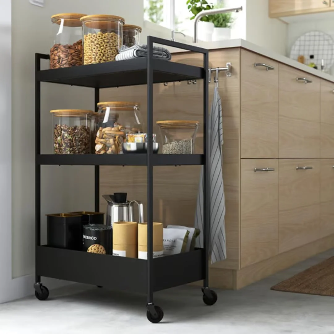 ترولی، مشکی، 50.5x30x83 سانتی متر، قفسه حمام، سبد ذخیره سازی قفسه آشپزخانه، سبد خدمات ذخیره سازی چند منظوره با دسته و چرخ برای آشپزخانه حمام اتاق اداری اتاق لباسشویی