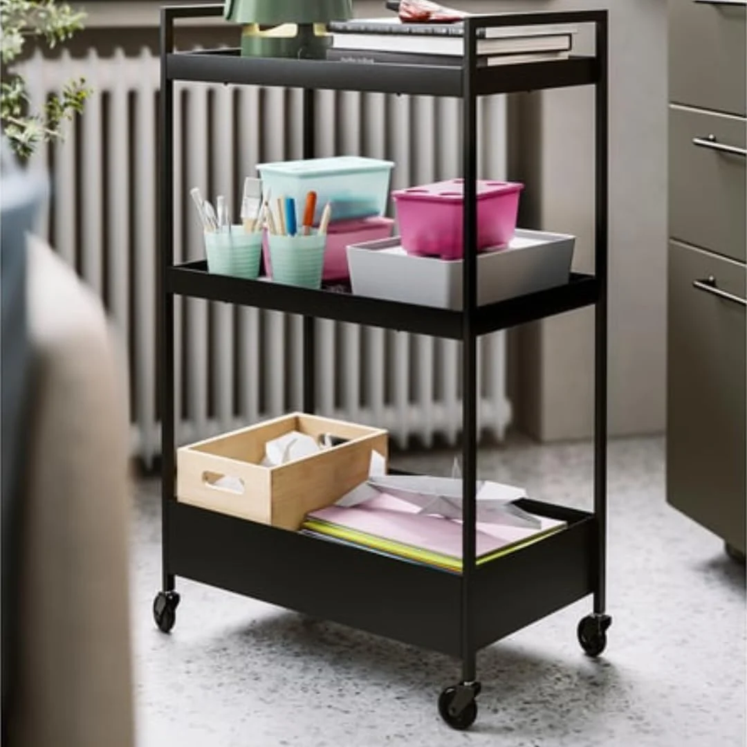 ترولی، مشکی، 50.5x30x83 سانتی متر، قفسه حمام، سبد ذخیره سازی قفسه آشپزخانه، سبد خدمات ذخیره سازی چند منظوره با دسته و چرخ برای آشپزخانه حمام اتاق اداری اتاق لباسشویی