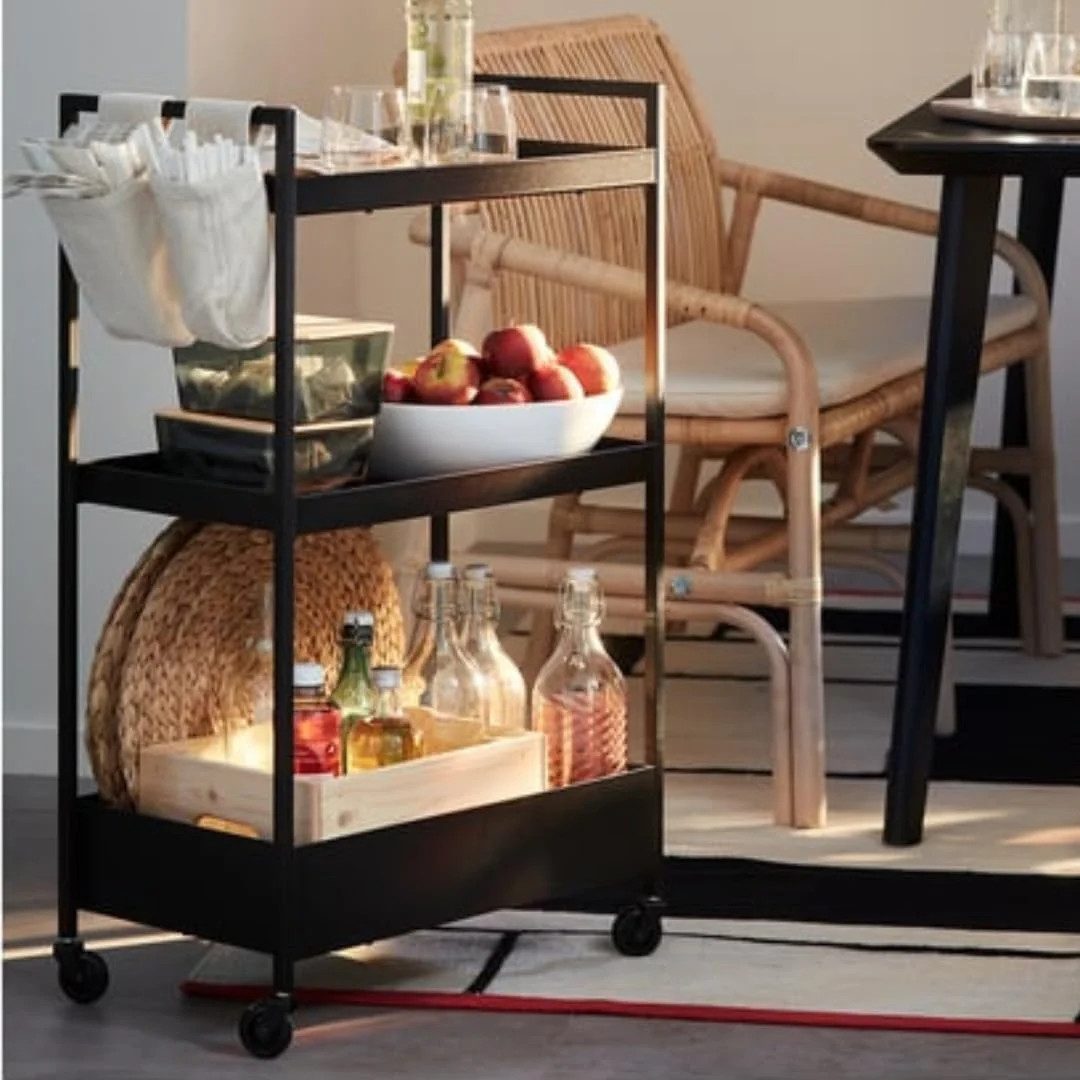 ترولی، مشکی، 50.5x30x83 سانتی متر، قفسه حمام، سبد ذخیره سازی قفسه آشپزخانه، سبد خدمات ذخیره سازی چند منظوره با دسته و چرخ برای آشپزخانه حمام اتاق اداری اتاق لباسشویی