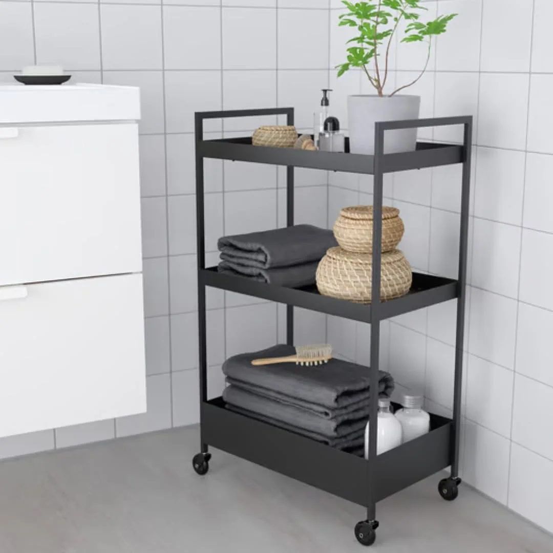 ترولی، مشکی، 50.5x30x83 سانتی متر، قفسه حمام، سبد ذخیره سازی قفسه آشپزخانه، سبد خدمات ذخیره سازی چند منظوره با دسته و چرخ برای آشپزخانه حمام اتاق اداری اتاق لباسشویی