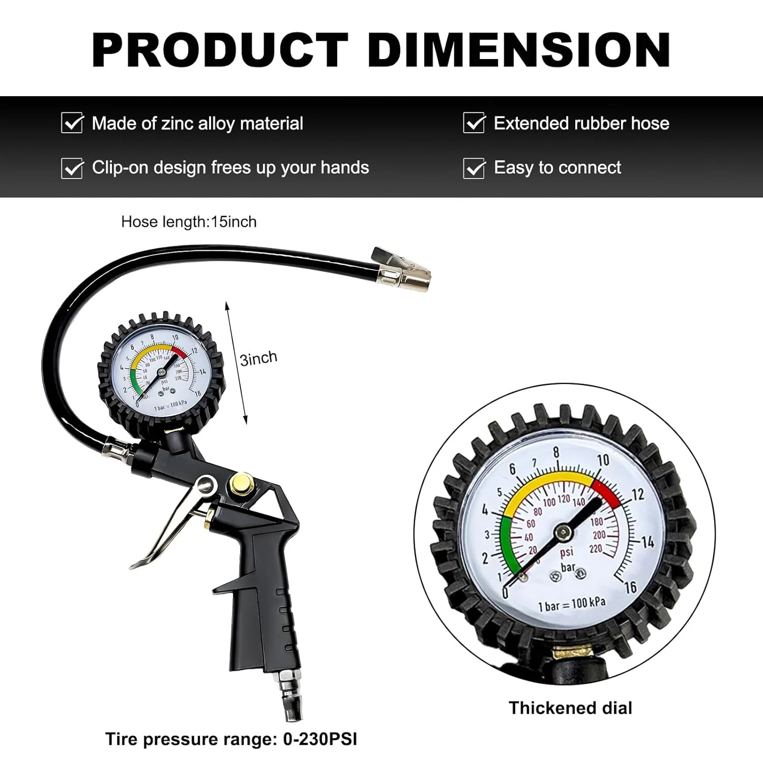 فشارسنج باد لاستیک 0-230PSI، فشارسنج هوا 16 بار با چاک هوا، فشارسنج لاستیک برای کمپرسور هوا ماشین کامیون دوچرخه، لوازم جانبی خودرو فشارسنج باد لاستیک 0-230PSI، فشارسنج هوا 16 بار با چاک هوا، فشارسنج لاستیک برای کمپرسور هوا ماشین کامیون دوچرخه، لوازم جانبی خودرو