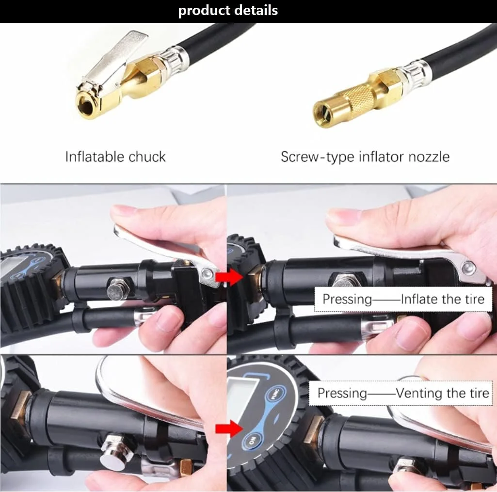 دستگاه تنظیم باد دیجیتال تایر با فشارسنج 200 PSI، اتصالات کمپرسور و شیلنگ لاستیکی و اتصال سریع با وضوح نمایشگر 0.1 دستگاه تنظیم باد دیجیتال تایر با فشارسنج 200 PSI، اتصالات کمپرسور و شیلنگ لاستیکی و اتصال سریع با وضوح نمایشگر 0.1