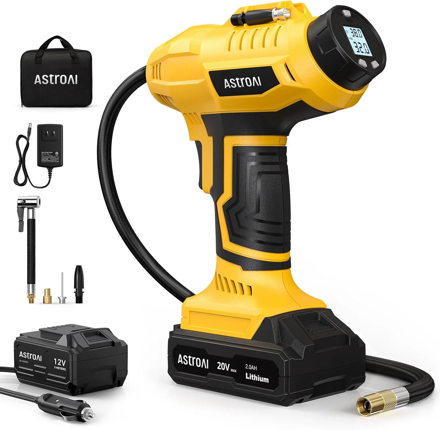 پمپ باد لاستیک بی سیم AstroAI، کمپرسور هوا 20 ولت قابل شارژ 160PSI قابل حمل با فشارسنج دیجیتال و آداپتور برق 12 ولت برای خودرو و موتورسیکلت، زرد پمپ باد لاستیک بی سیم AstroAI، کمپرسور هوا 20 ولت قابل شارژ 160PSI قابل حمل با فشارسنج دیجیتال و آداپتور برق 12 ولت برای خودرو و موتورسیکلت، زرد