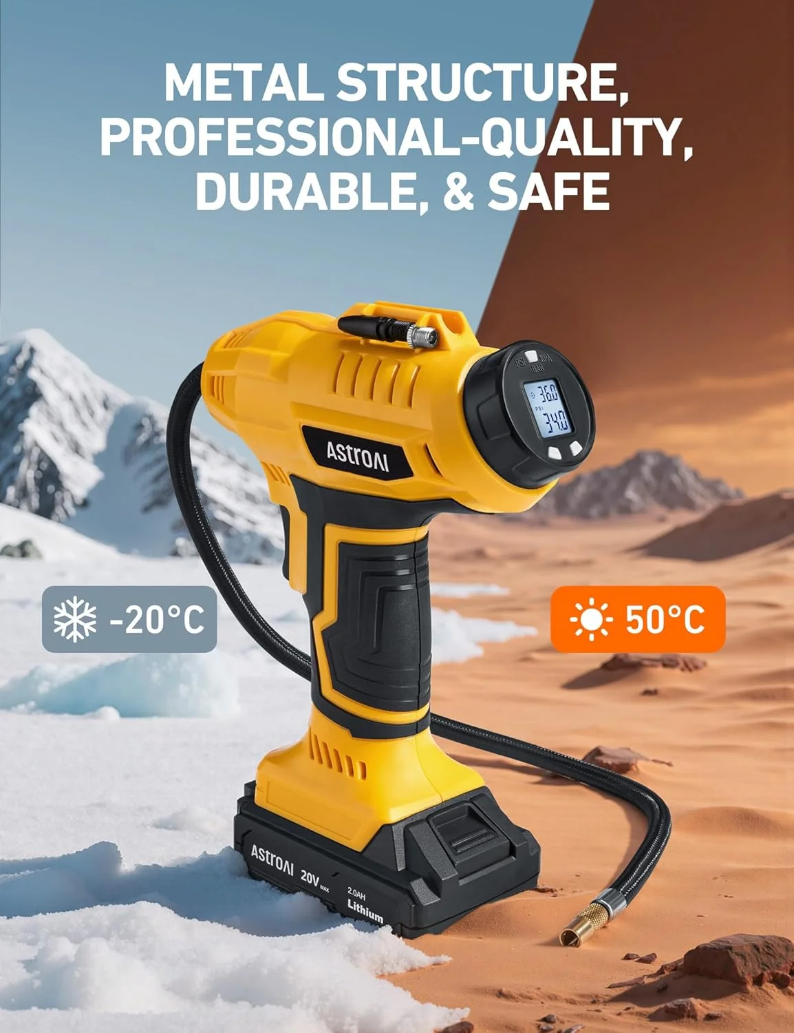 پمپ باد لاستیک بی سیم AstroAI، کمپرسور هوا 20 ولت قابل شارژ 160PSI قابل حمل با فشارسنج دیجیتال و آداپتور برق 12 ولت برای خودرو و موتورسیکلت، زرد پمپ باد لاستیک بی سیم AstroAI، کمپرسور هوا 20 ولت قابل شارژ 160PSI قابل حمل با فشارسنج دیجیتال و آداپتور برق 12 ولت برای خودرو و موتورسیکلت، زرد