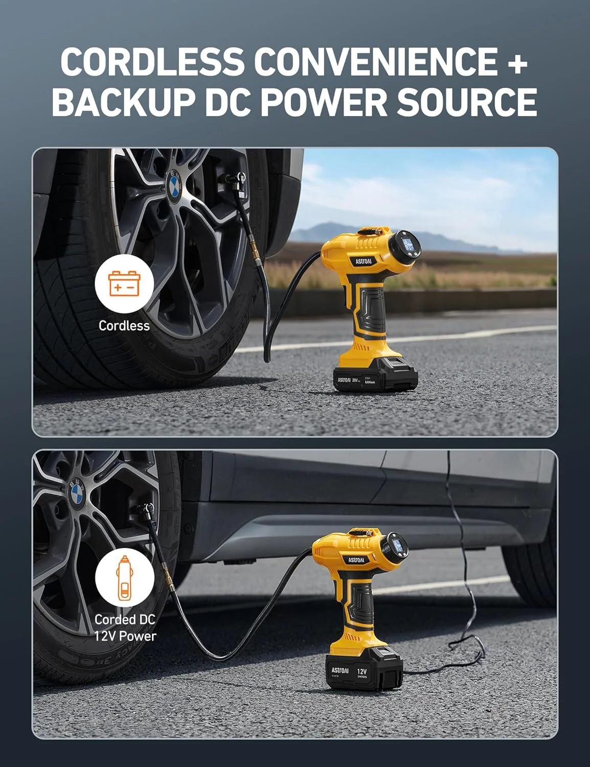 پمپ باد لاستیک بی سیم AstroAI، کمپرسور هوا 20 ولت قابل شارژ 160PSI قابل حمل با فشارسنج دیجیتال و آداپتور برق 12 ولت برای خودرو و موتورسیکلت، زرد پمپ باد لاستیک بی سیم AstroAI، کمپرسور هوا 20 ولت قابل شارژ 160PSI قابل حمل با فشارسنج دیجیتال و آداپتور برق 12 ولت برای خودرو و موتورسیکلت، زرد