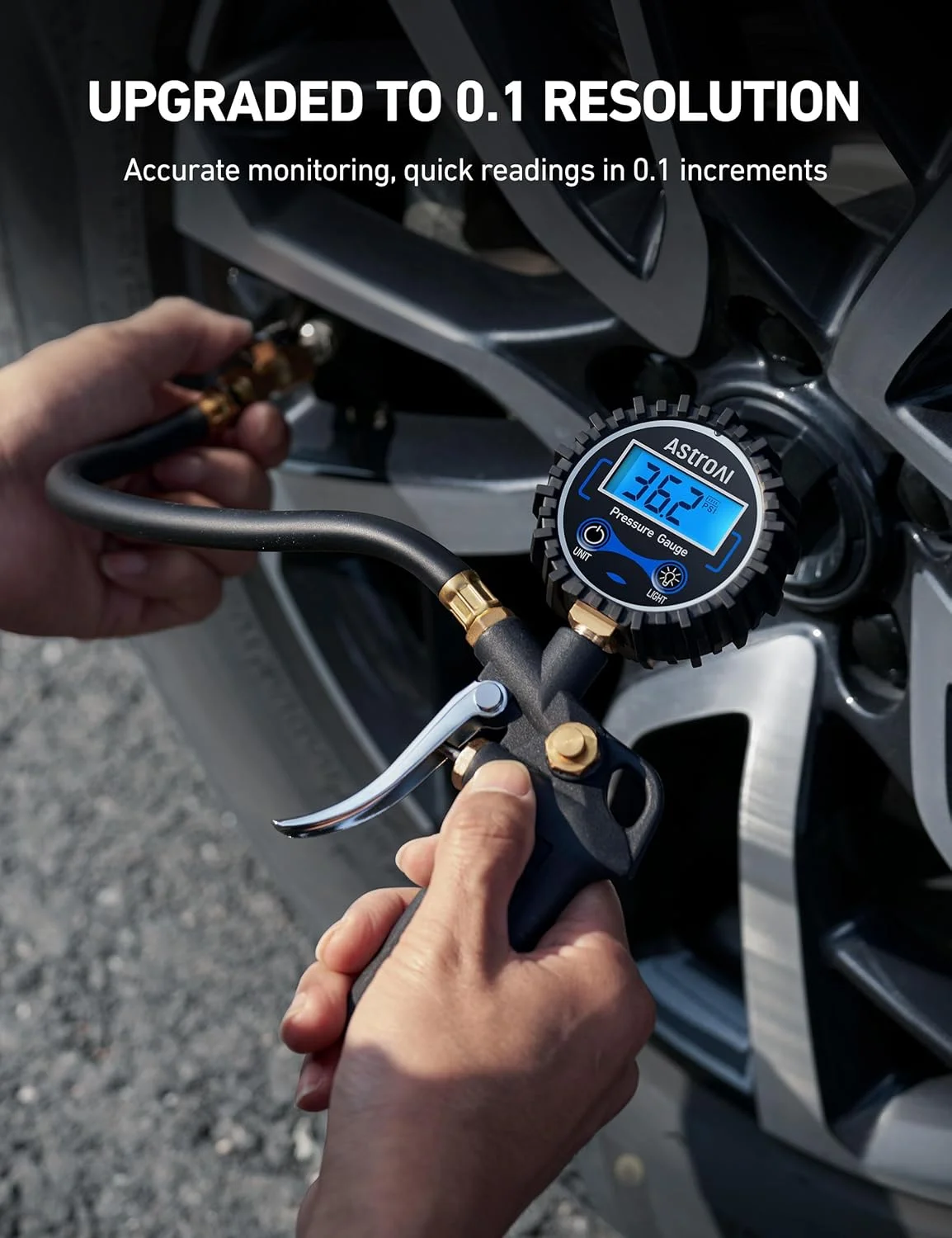 آستروآی، درجه باد دیجیتال تایر با گیج فشار، چاک بادی متوسط 250 PSI و لوازم جانبی کمپرسور، مقاوم با شیلنگ لاستیکی و اتصال سریع برای رزولوشن نمایشگر 0.1، مشکی آستروآی، درجه باد دیجیتال تایر با گیج فشار، چاک بادی متوسط 250 PSI و لوازم جانبی کمپرسور، مقاوم با شیلنگ لاستیکی و اتصال سریع برای رزولوشن نمایشگر 0.1، مشکی