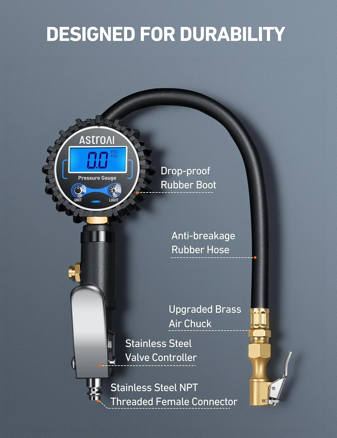 فشارسنج دیجیتال تایر AstroAI با قابلیت باد کردن (3-250 PSI با دقت نمایش 0.1)، دارای سری بادی سنگین و لوازم جانبی کمپرسور با شلنگ لاستیکی و اتصال سریع، آبی فشارسنج دیجیتال تایر AstroAI با قابلیت باد کردن (3-250 PSI با دقت نمایش 0.1)، دارای سری بادی سنگین و لوازم جانبی کمپرسور با شلنگ لاستیکی و اتصال سریع، آبی