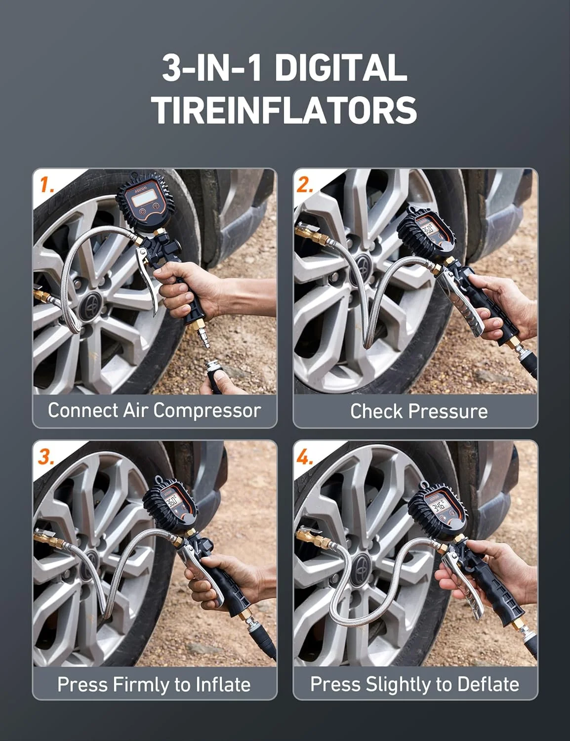 فشارسنج دیجیتال لاستیک AstroAI، فشارسنج سنگین برای باد کردن لاستیک 250PSI به همراه شلنگ بافته شده استیل، صفحه گردان و اتصال سریع برای کامیون/RV/SUV فشارسنج دیجیتال لاستیک AstroAI، فشارسنج سنگین برای باد کردن لاستیک 250PSI به همراه شلنگ بافته شده استیل، صفحه گردان و اتصال سریع برای کامیون/RV/SUV