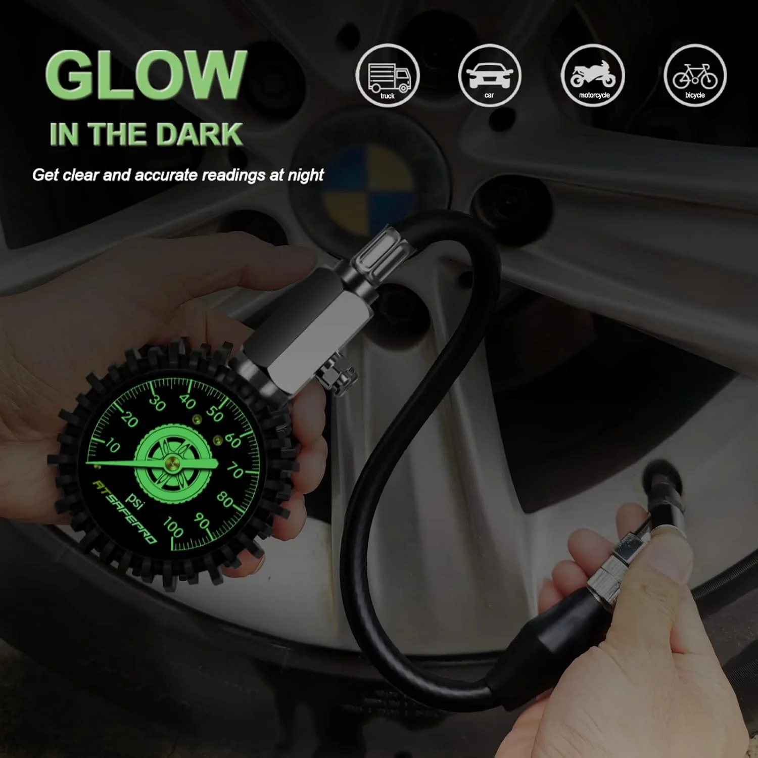 فشارسنج باد لاستیک ATsafepro 100psi با قابلیت شبتابی، فشارسنج مکانیکی با صفحه 2.5 اینچی به همراه شیلنگ انعطافپذیر و سری زاویهدار، فشارسنج بادی آنالوگ با دقت تایید شده برای خودرو، کامیون و دوچرخه. فشارسنج باد لاستیک ATsafepro 100psi با قابلیت شبتابی، فشارسنج مکانیکی با صفحه 2.5 اینچی به همراه شیلنگ انعطافپذیر و سری زاویهدار، فشارسنج بادی آنالوگ با دقت تایید شده برای خودرو، کامیون و دوچرخه.