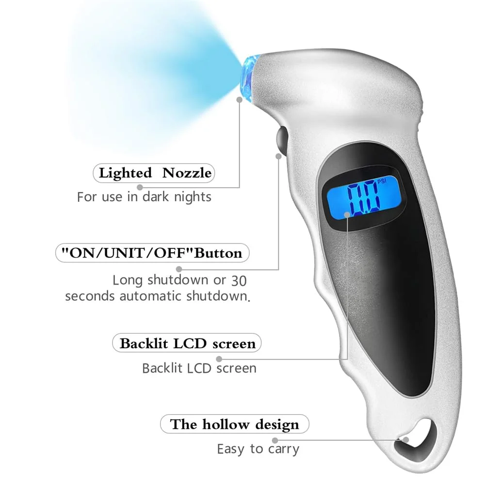 فشارسنج دیجیتال تایر Azonee، ابزار بررسی فشار تایر، 150PSI با 4 تنظیمات، دارای LCD با نور پس زمینه و دستگیره ضد لغزش برای خواندن آسان و دقیق، مناسب برای اتومبیل، کامیون و دوچرخه (نقره ای)