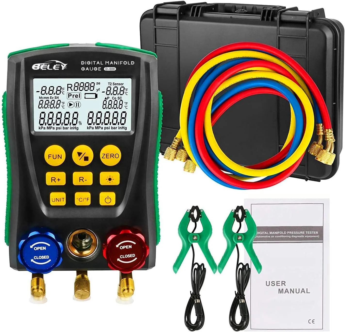 مجموعه گیج منیفولد دیجیتال HVAC بلی، تست فشار و دمای دوگانه 93 مبرد با گیره های دما و شیلنگ ها، گیج های خلاء AC برای R1234YF R134A R404A R410A R32 R744(CO₂) مجموعه گیج منیفولد دیجیتال HVAC بلی، تست فشار و دمای دوگانه 93 مبرد با گیره های دما و شیلنگ ها، گیج های خلاء AC برای R1234YF R134A R404A R410A R32 R744(CO₂)