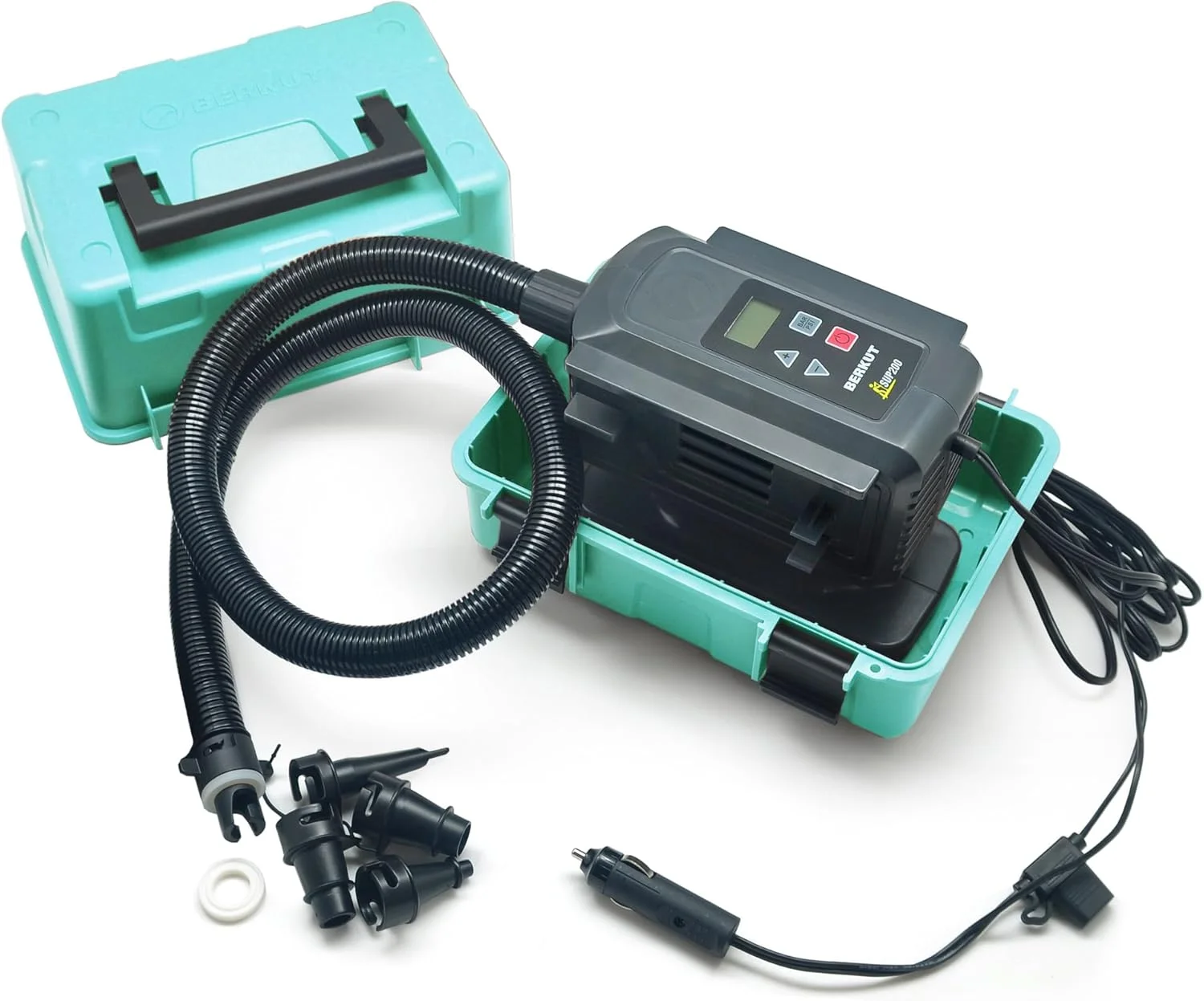 پمپ باد برقی دو سیلندر فشار قوی SUP-200 برای تخته های پارویی ایستاده و قایق ها با گیج دیجیتال | پمپ باد 12 ولت پمپ باد برقی دو سیلندر فشار قوی SUP-200 برای تخته های پارویی ایستاده و قایق ها با گیج دیجیتال | پمپ باد 12 ولت