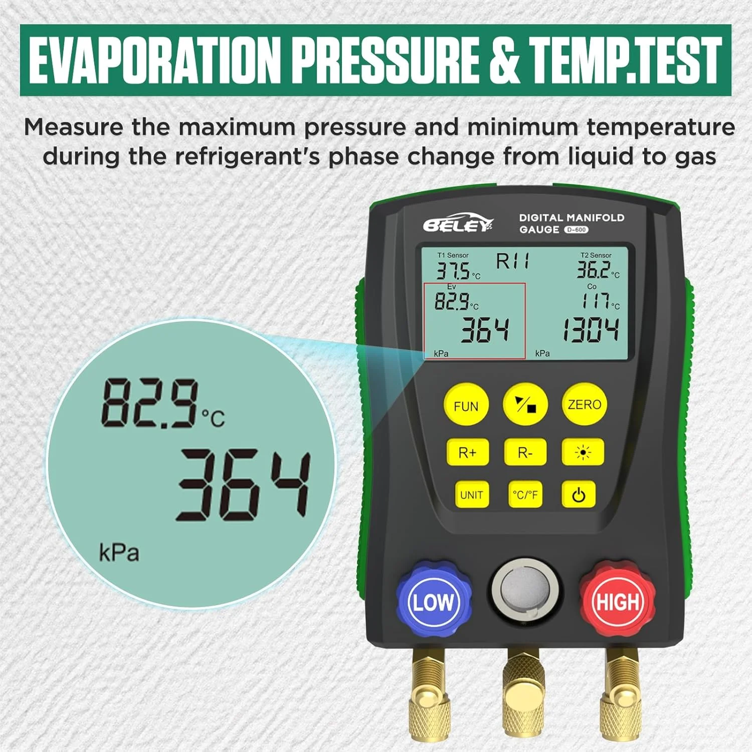مجموعه گیج منیفولد دیجیتال HVAC بلی، تست فشار و دمای دوگانه 93 مبرد با گیره های دما و شیلنگ ها، گیج های خلاء AC برای R1234YF R134A R404A R410A R32 R744（CO₂）