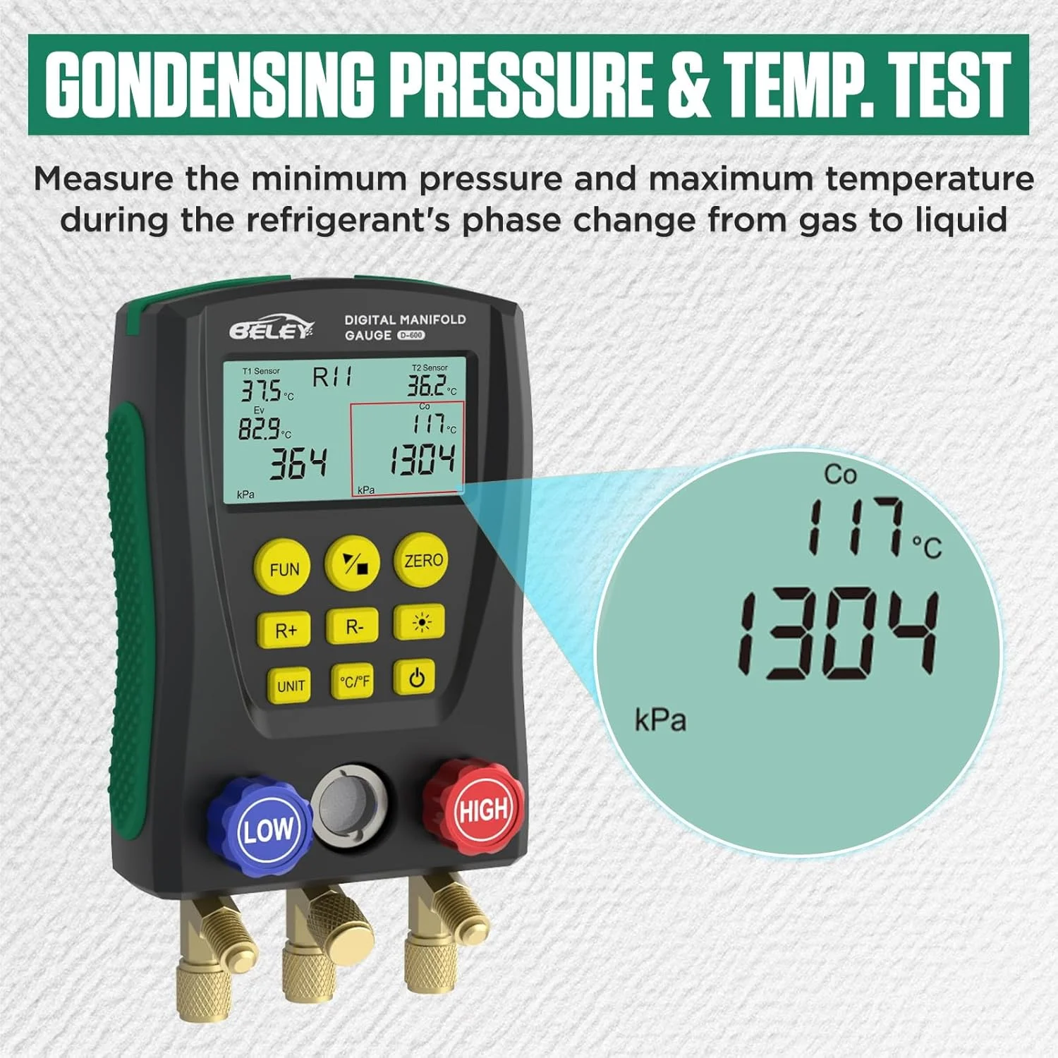 مجموعه گیج منیفولد دیجیتال HVAC بلی، تست فشار و دمای دوگانه 93 مبرد با گیره های دما و شیلنگ ها، گیج های خلاء AC برای R1234YF R134A R404A R410A R32 R744（CO₂）