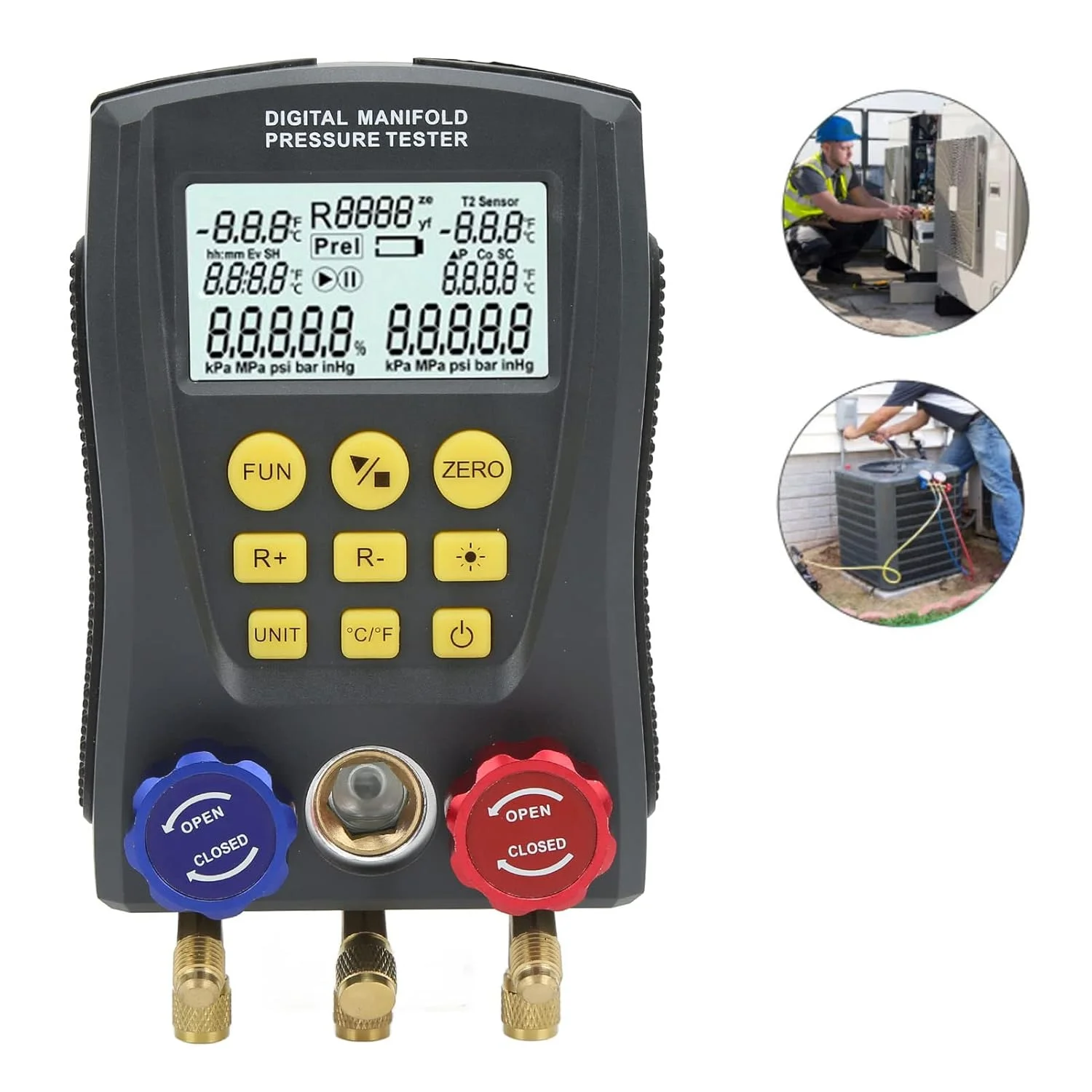 گیج منیفولد دیجیتال HVAC، متر منیفولد AC خلاء الکترونیکی برای سیستم تهویه مطبوع