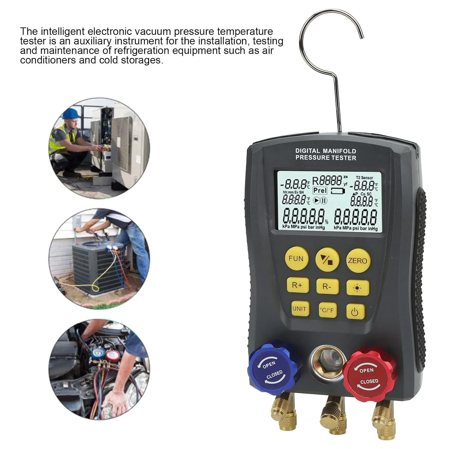 گیج منیفولد دیجیتال HVAC، متر منیفولد AC خلاء الکترونیکی برای سیستم تهویه مطبوع