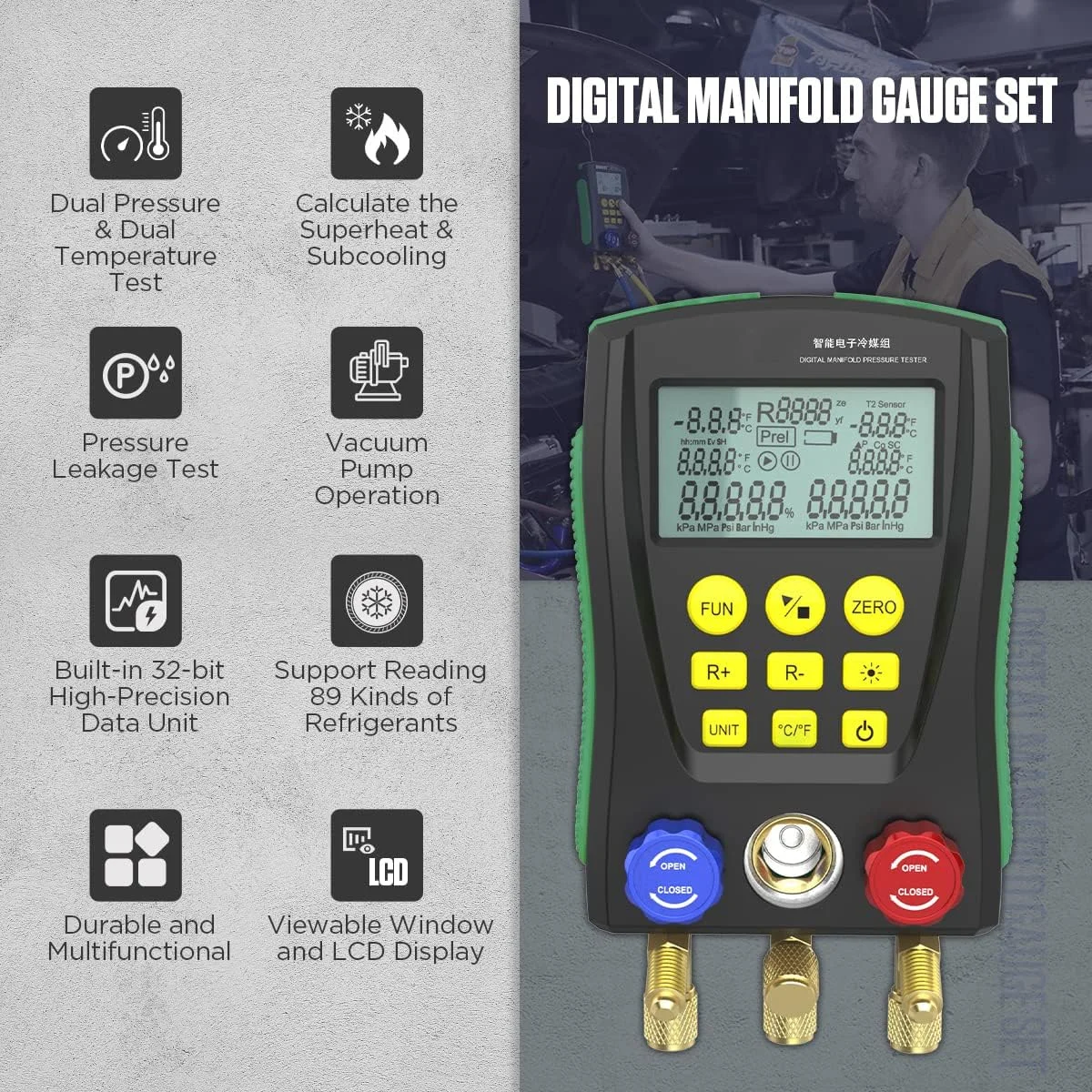 مجموعه گیج منیفولد دیجیتال با سنسور دمای دو کاناله برای 89 مبرد - ابزارهای تهویه مطبوع گیج های AC برای تست خلاء، فشار و دما - شامل شیلنگ ها مجموعه گیج منیفولد دیجیتال با سنسور دمای دو کاناله برای 89 مبرد - ابزارهای تهویه مطبوع گیج های AC برای تست خلاء، فشار و دما - شامل شیلنگ ها