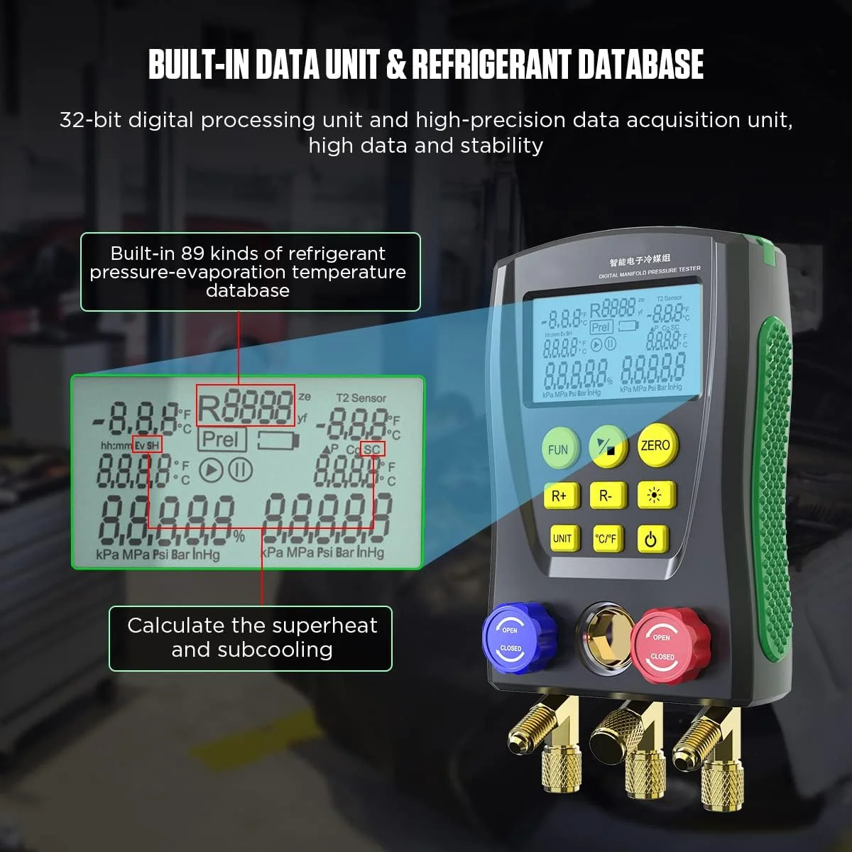 مجموعه گیج منیفولد دیجیتال با سنسور دمای دو کاناله برای 89 مبرد - ابزارهای تهویه مطبوع گیج های AC برای تست خلاء، فشار و دما - شامل شیلنگ ها مجموعه گیج منیفولد دیجیتال با سنسور دمای دو کاناله برای 89 مبرد - ابزارهای تهویه مطبوع گیج های AC برای تست خلاء، فشار و دما - شامل شیلنگ ها
