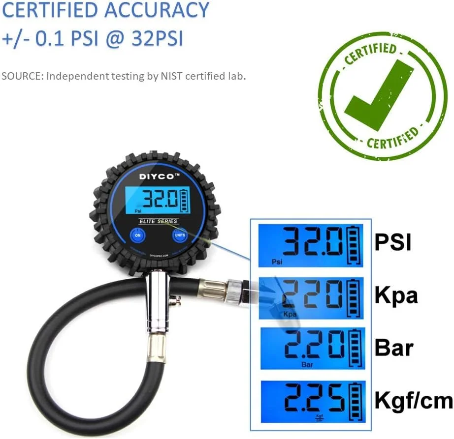 فشارسنج دیجیتال تایر سری DIYCO Elite | برای خودرو، موتورسیکلت، RV، SUV، کامیون، دوچرخه | 150 PSI با شلنگ هوای سنگین | فشارسنج های با دقت بالا درجه حرفه ای | طراحی شده در ایالات متحده آمریکا فشارسنج دیجیتال تایر سری DIYCO Elite | برای خودرو، موتورسیکلت، RV، SUV، کامیون، دوچرخه | 150 PSI با شلنگ هوای سنگین | فشارسنج های با دقت بالا درجه حرفه ای | طراحی شده در ایالات متحده آمریکا