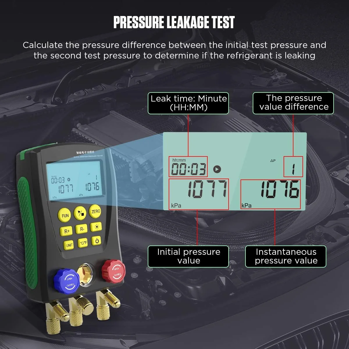 مجموعه گیج منیفولد دیجیتال با سنسور دمای دو کاناله برای 89 مبرد - ابزارهای تهویه مطبوع گیج های AC برای تست خلاء، فشار و دما - شامل شیلنگ ها مجموعه گیج منیفولد دیجیتال با سنسور دمای دو کاناله برای 89 مبرد - ابزارهای تهویه مطبوع گیج های AC برای تست خلاء، فشار و دما - شامل شیلنگ ها