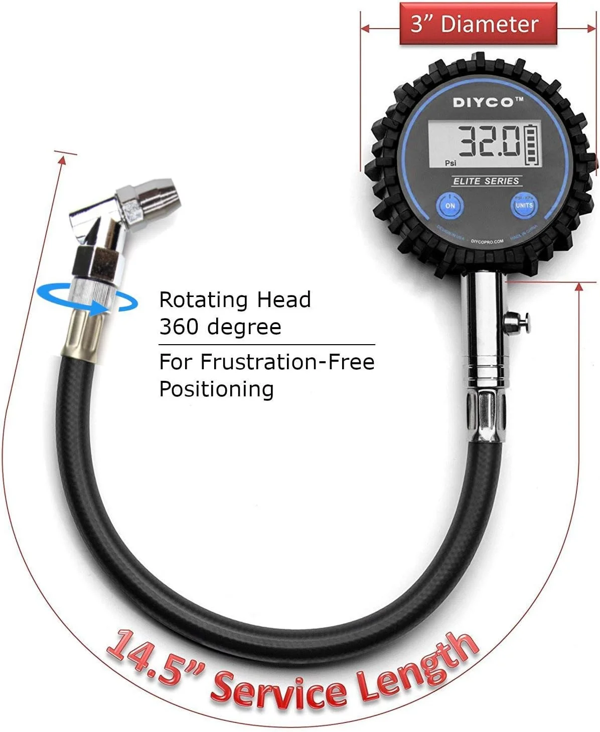 فشارسنج دیجیتال تایر سری DIYCO Elite | برای خودرو، موتورسیکلت، RV، SUV، کامیون، دوچرخه | 150 PSI با شلنگ هوای سنگین | فشارسنج های با دقت بالا درجه حرفه ای | طراحی شده در ایالات متحده آمریکا فشارسنج دیجیتال تایر سری DIYCO Elite | برای خودرو، موتورسیکلت، RV، SUV، کامیون، دوچرخه | 150 PSI با شلنگ هوای سنگین | فشارسنج های با دقت بالا درجه حرفه ای | طراحی شده در ایالات متحده آمریکا