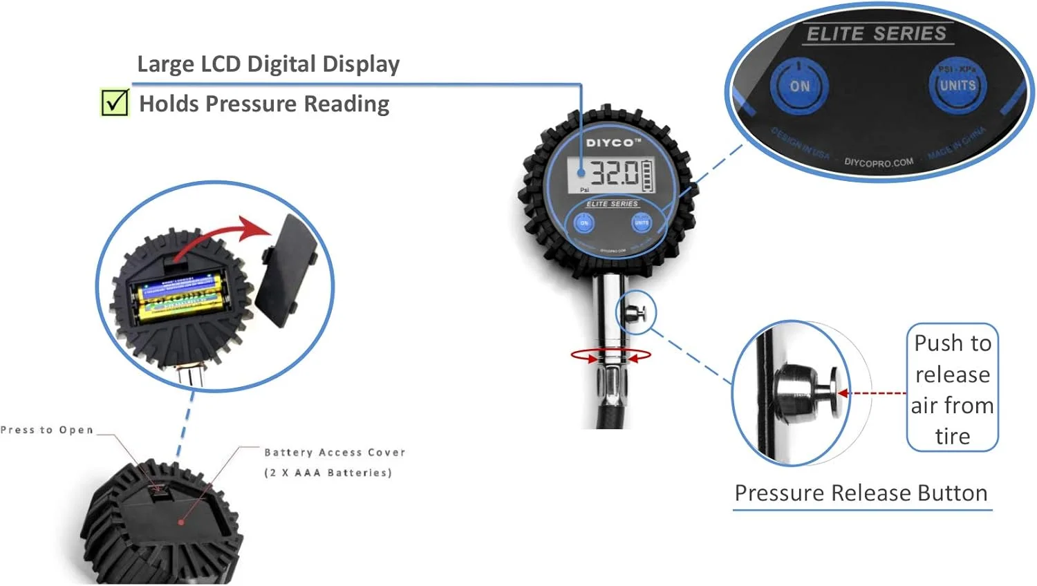 فشارسنج دیجیتال تایر سری DIYCO Elite | برای خودرو، موتورسیکلت، RV، SUV، کامیون، دوچرخه | 150 PSI با شلنگ هوای سنگین | فشارسنج های با دقت بالا درجه حرفه ای | طراحی شده در ایالات متحده آمریکا فشارسنج دیجیتال تایر سری DIYCO Elite | برای خودرو، موتورسیکلت، RV، SUV، کامیون، دوچرخه | 150 PSI با شلنگ هوای سنگین | فشارسنج های با دقت بالا درجه حرفه ای | طراحی شده در ایالات متحده آمریکا