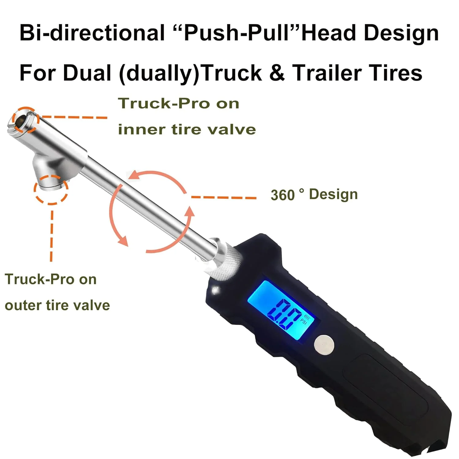 فشارسنج دیجیتال تایر 230 PSI برای کامیون و RV، فشارسنج باد تایر با LCD دارای نور پس زمینه و چراغ قوه