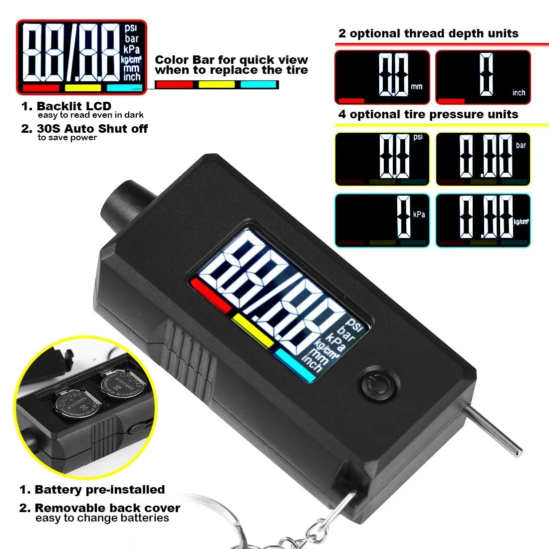 فشارسنج دیجیتال تایر 2 در 1 با دقت بالا، دارای عمق سنج آج، صفحه نمایش LCD با نور پس زمینه، مناسب برای خودرو، کامیون، دوچرخه و موتورسیکلت، با دستگیره ضد لغزش فشارسنج دیجیتال تایر 2 در 1 با دقت بالا، دارای عمق سنج آج، صفحه نمایش LCD با نور پس زمینه، مناسب برای خودرو، کامیون، دوچرخه و موتورسیکلت، با دستگیره ضد لغزش