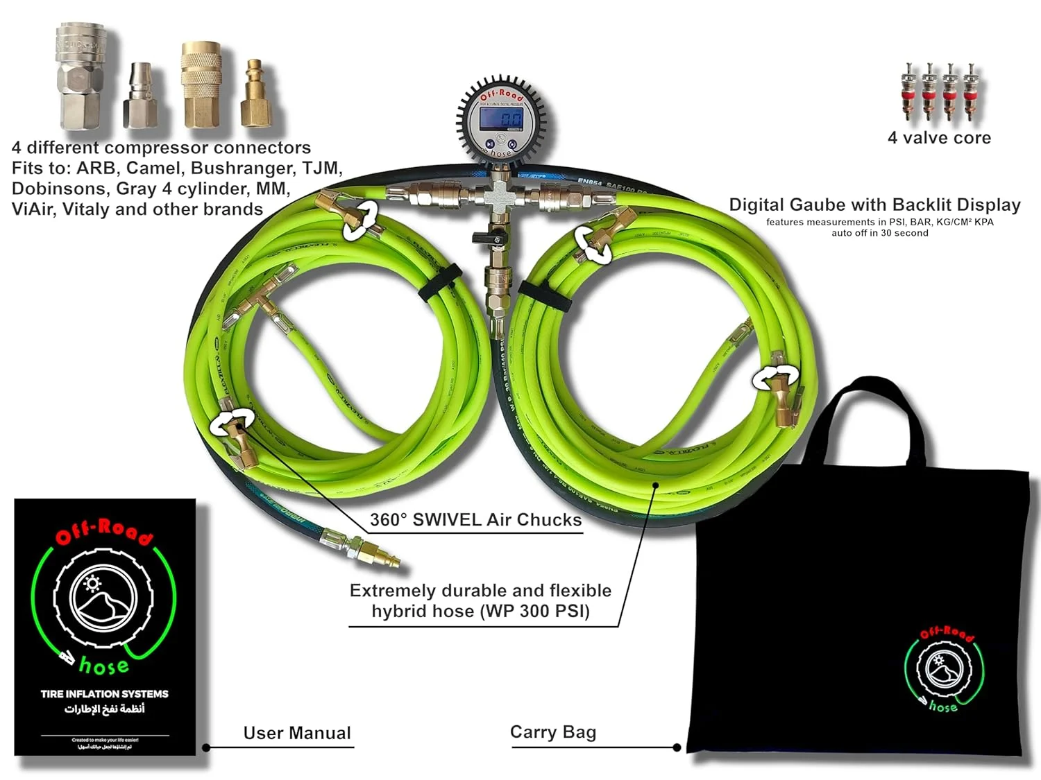 شلنگ آفرود Greenzilla 4in1 برای باد کردن و خالی کردن باد، شلنگ مقاوم در برابر حرارت بالا، فشارسنج دیجیتال PSI/BAR، مناسب برای همه کمپرسورها: ARB Camel Bushranger TJM و غیره، برای همه خودروها جیپ تویوتا نیسان شلنگ آفرود Greenzilla 4in1 برای باد کردن و خالی کردن باد، شلنگ مقاوم در برابر حرارت بالا، فشارسنج دیجیتال PSI/BAR، مناسب برای همه کمپرسورها: ARB Camel Bushranger TJM و غیره، برای همه خودروها جیپ تویوتا نیسان
