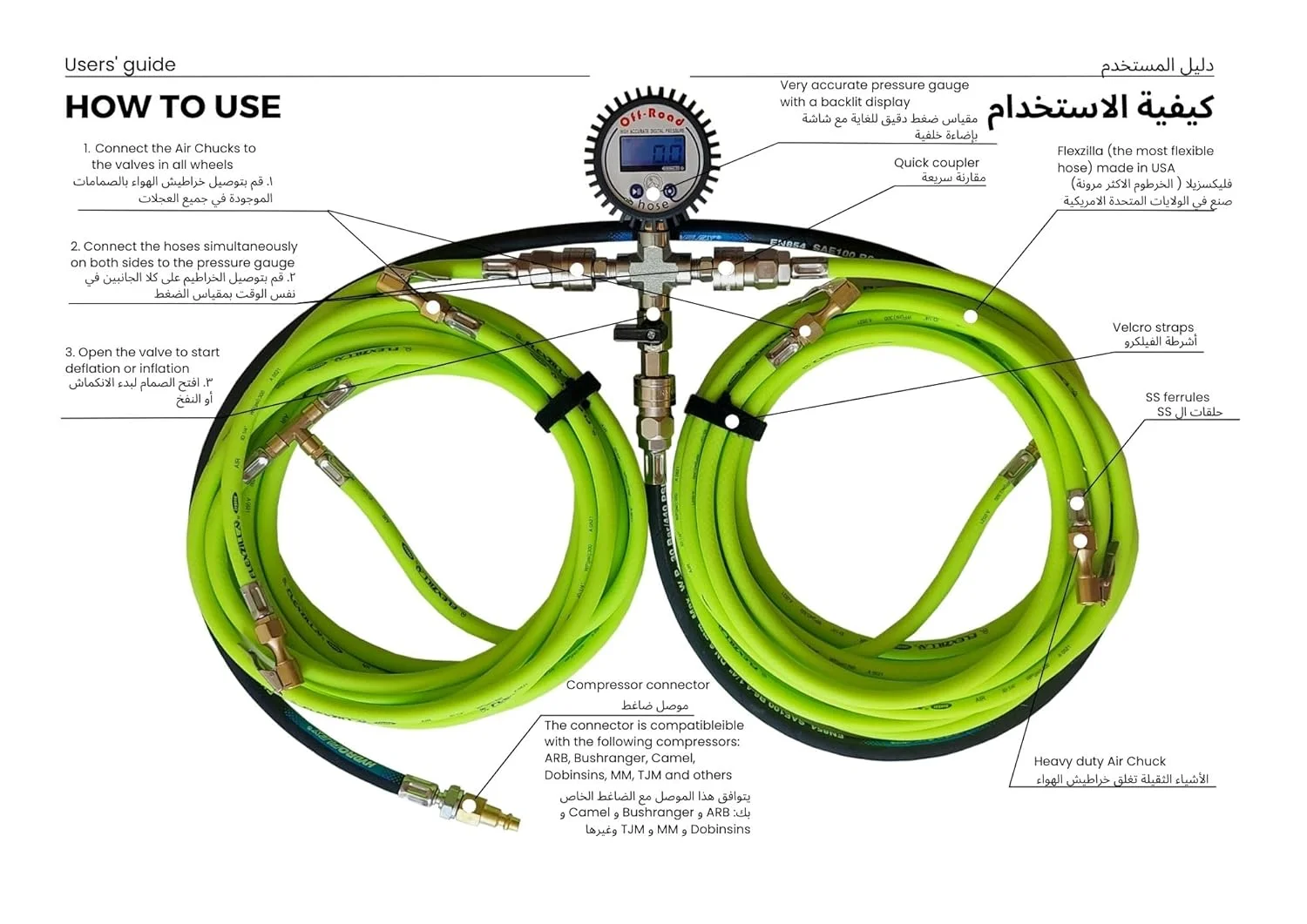 شلنگ آفرود Greenzilla 4in1 برای باد کردن و خالی کردن باد، شلنگ مقاوم در برابر حرارت بالا، فشارسنج دیجیتال PSI/BAR، مناسب برای همه کمپرسورها: ARB Camel Bushranger TJM و غیره، برای همه خودروها جیپ تویوتا نیسان شلنگ آفرود Greenzilla 4in1 برای باد کردن و خالی کردن باد، شلنگ مقاوم در برابر حرارت بالا، فشارسنج دیجیتال PSI/BAR، مناسب برای همه کمپرسورها: ARB Camel Bushranger TJM و غیره، برای همه خودروها جیپ تویوتا نیسان