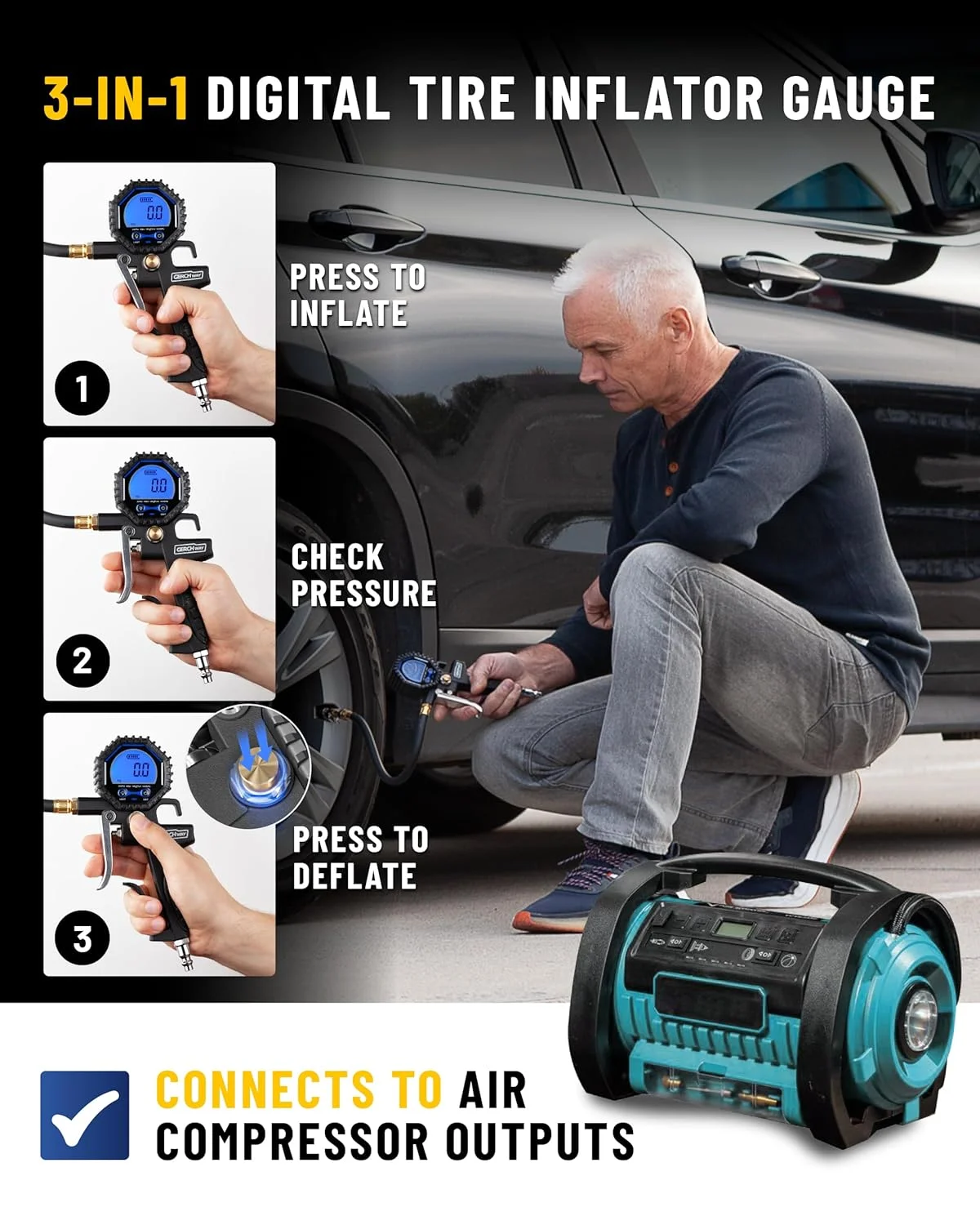 فشارسنج دیجیتال تایر با قابلیت باد کردن (3-200 PSI)، دارای سری بادی سنگین و متعلقات کمپرسور با سری بادی چرخشی، شلنگ بلندتر و صفحه نمایش بزرگ (0.1 Res) فشارسنج دیجیتال تایر با قابلیت باد کردن (3-200 PSI)، دارای سری بادی سنگین و متعلقات کمپرسور با سری بادی چرخشی، شلنگ بلندتر و صفحه نمایش بزرگ (0.1 Res)