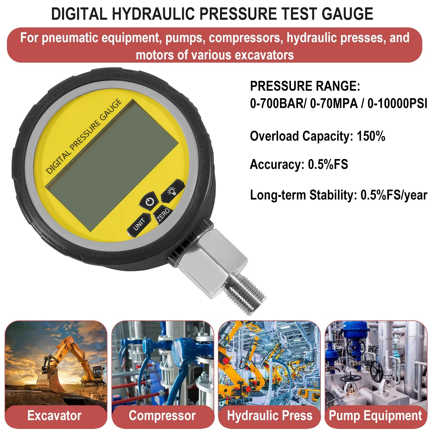 گیج فشار هیدرولیک دیجیتال Hihitomorrow، 700 بار با اتصال 1/4 اینچ NPT، تستر فشار هیدرولیک با پوشش محافظ گیج (مشکی) گیج فشار هیدرولیک دیجیتال Hihitomorrow، 700 بار با اتصال 1/4 اینچ NPT، تستر فشار هیدرولیک با پوشش محافظ گیج (مشکی)