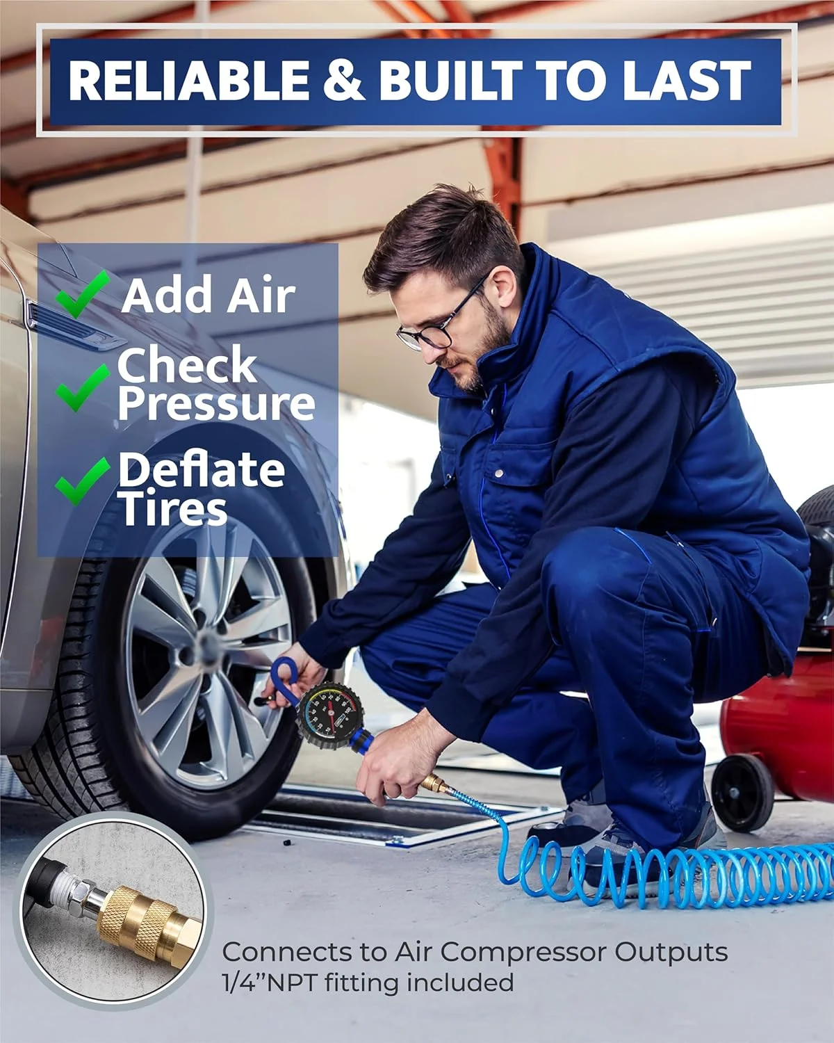 دستگاه تنظیم باد تایر GERCHWAY با فشارسنج و شلنگ بلندتر - دقیق ترین و مقاوم ترین سری بادی با فشارسنج برای اتصال به کمپرسور هوا - 100PSI دستگاه تنظیم باد تایر GERCHWAY با فشارسنج و شلنگ بلندتر - دقیق ترین و مقاوم ترین سری بادی با فشارسنج برای اتصال به کمپرسور هوا - 100PSI