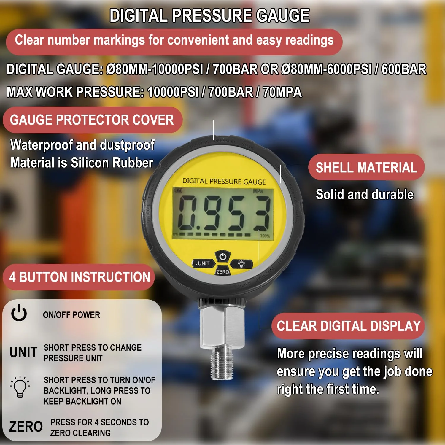گیج فشار هیدرولیک دیجیتال Hihitomorrow، 700 بار با اتصال 1/4 اینچ NPT، تستر فشار هیدرولیک با پوشش محافظ گیج (مشکی) گیج فشار هیدرولیک دیجیتال Hihitomorrow، 700 بار با اتصال 1/4 اینچ NPT، تستر فشار هیدرولیک با پوشش محافظ گیج (مشکی)