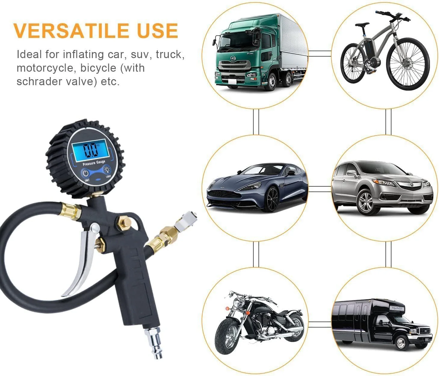 فشارسنج دیجیتال لاستیک، اتصال کمپرسور هوا مشکی با اتصال سریع، فشارسنج و بادکننده لاستیک مقاوم برای خودرو، کامیون، موتور سیکلت و RV فشارسنج دیجیتال لاستیک، اتصال کمپرسور هوا مشکی با اتصال سریع، فشارسنج و بادکننده لاستیک مقاوم برای خودرو، کامیون، موتور سیکلت و RV