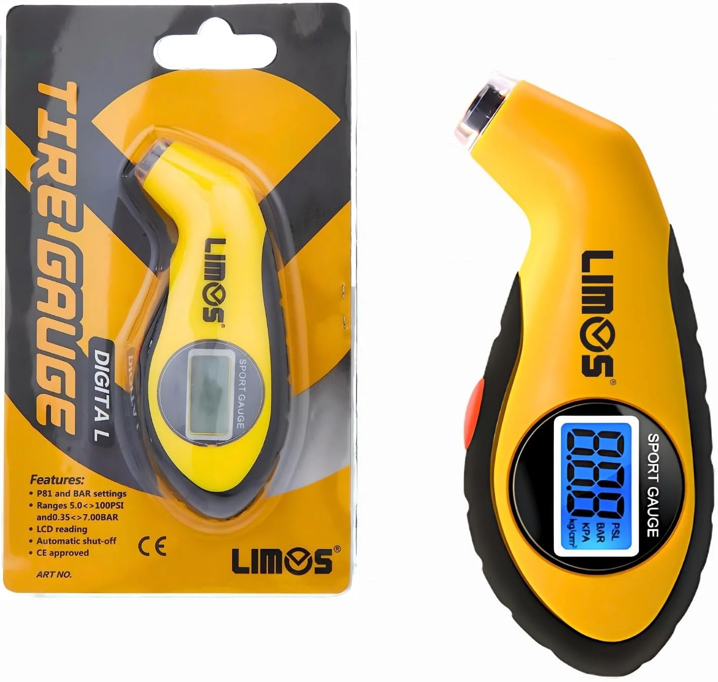 ابزار تست فشار باد لاستیک دیجیتال LCD لیموس با نور پس زمینه، زرد