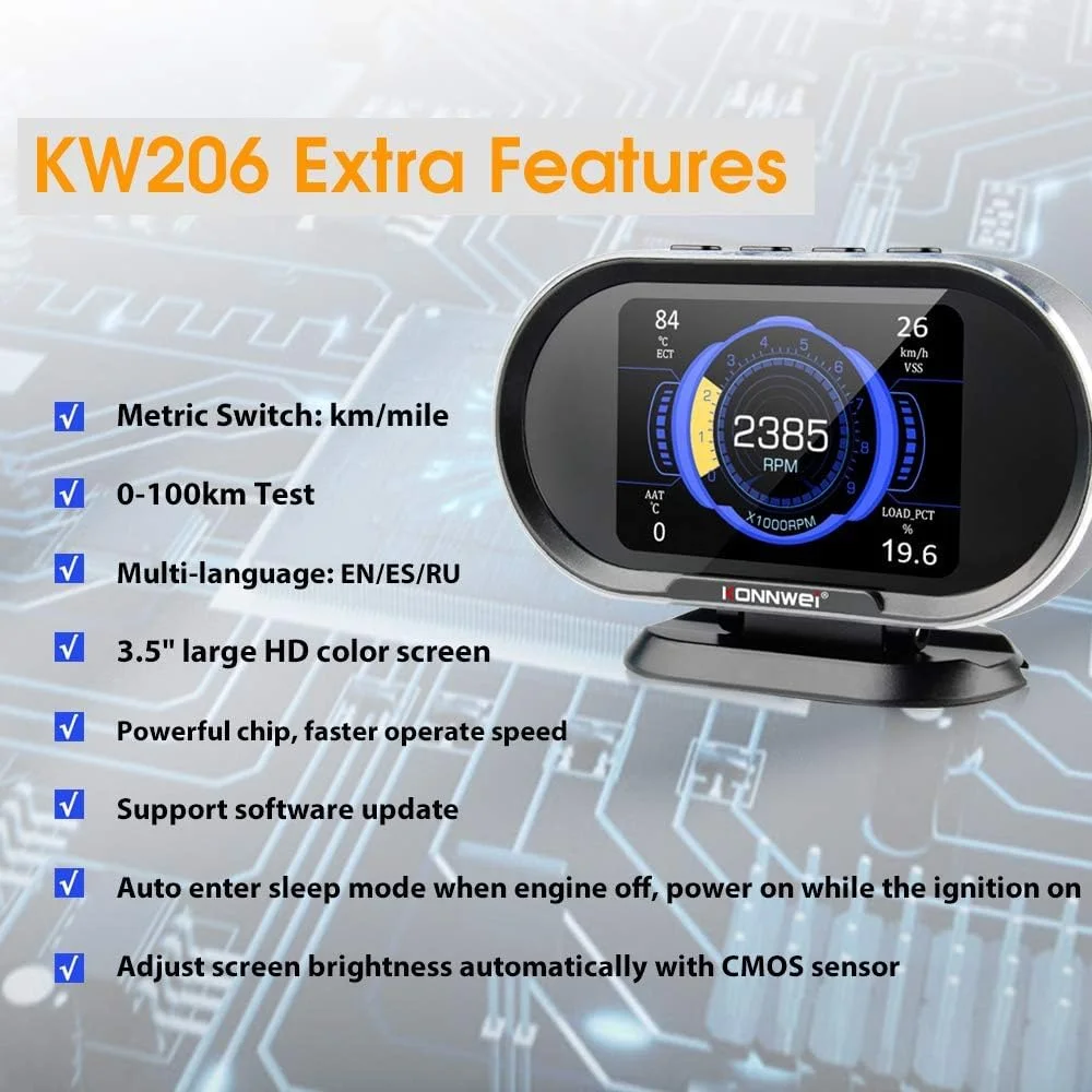 نمایشگر دیجیتال اطلاعات خودرو KONNWEI KW206 OBD2 HUD، یکپارچه با کامپیوتر سفری خودرو، سرعت سنج هوشمند، نمایشگر دمای آب و فشار سوخت، مناسب برای اکثر خودروهای بعد از ۲۰۰۳ نمایشگر دیجیتال اطلاعات خودرو KONNWEI KW206 OBD2 HUD، یکپارچه با کامپیوتر سفری خودرو، سرعت سنج هوشمند، نمایشگر دمای آب و فشار سوخت، مناسب برای اکثر خودروهای بعد از ۲۰۰۳