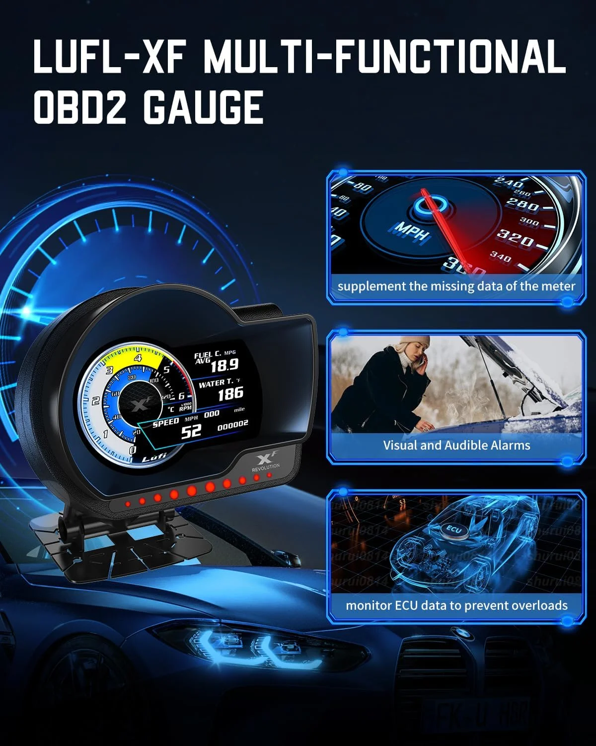 نمایشگر چند منظوره Lufi XF OBD2، نمایشگر سربالا، بسیار قابل تنظیم، پاسخ سریع [برای خودروهای ۲۰۰۷ و بعد از آن] *فشار بوست، گیربکس، دمای روغن موتور و فشار روغن موتور پشتیبانی نمی شود*