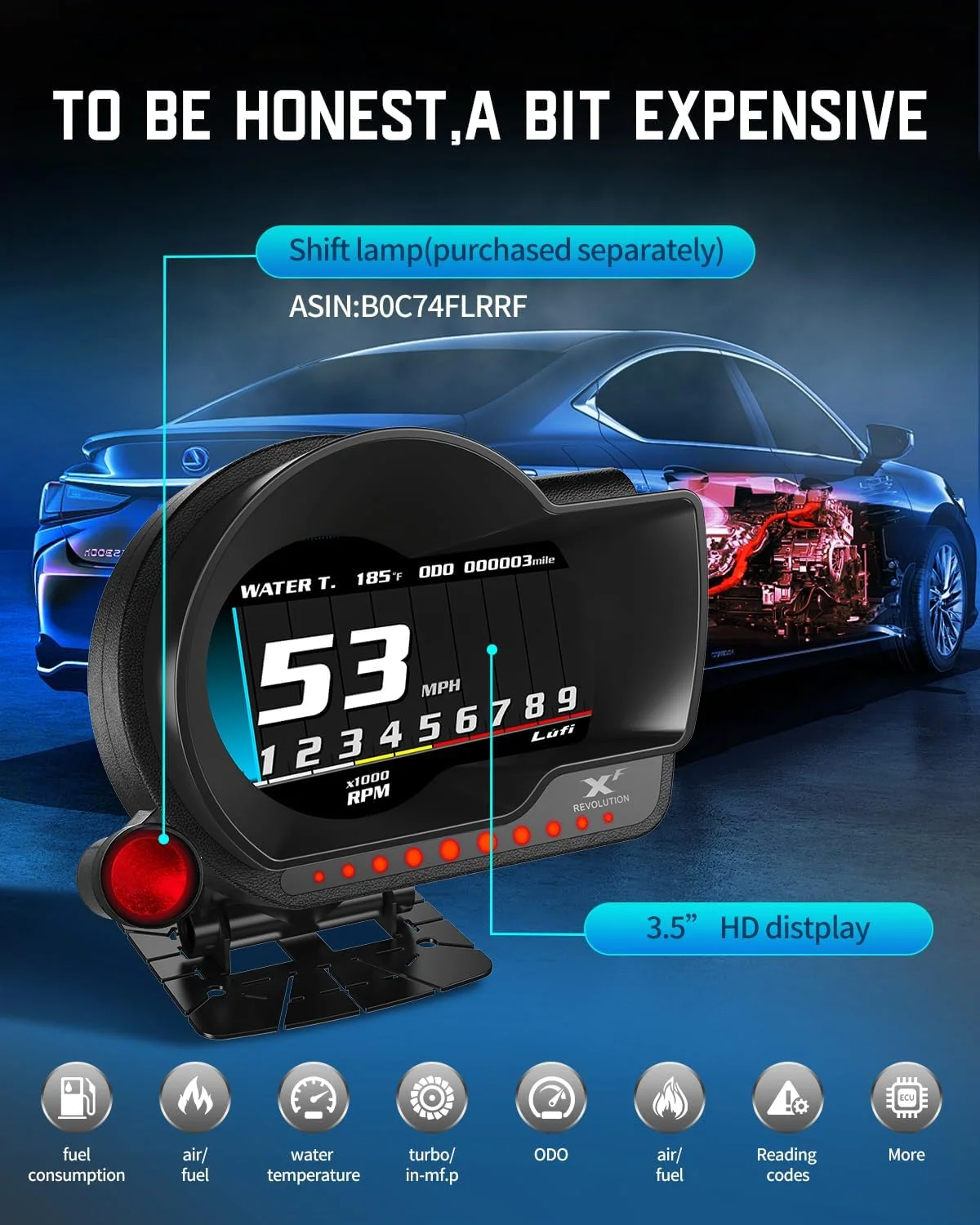 نمایشگر چند منظوره Lufi XF OBD2، نمایشگر سربالا، بسیار قابل تنظیم، پاسخ سریع [برای خودروهای ۲۰۰۷ و بعد از آن] *فشار بوست، گیربکس، دمای روغن موتور و فشار روغن موتور پشتیبانی نمی شود*