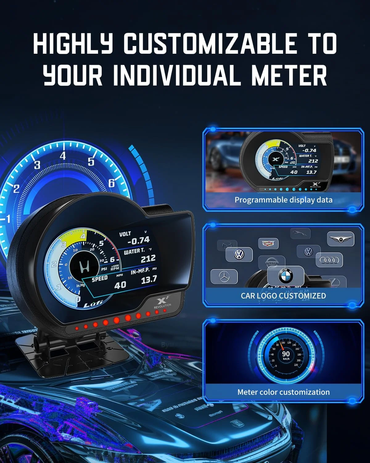 نمایشگر چند منظوره Lufi XF OBD2، نمایشگر سربالا، بسیار قابل تنظیم، پاسخ سریع [برای خودروهای ۲۰۰۷ و بعد از آن] *فشار بوست، گیربکس، دمای روغن موتور و فشار روغن موتور پشتیبانی نمی شود*