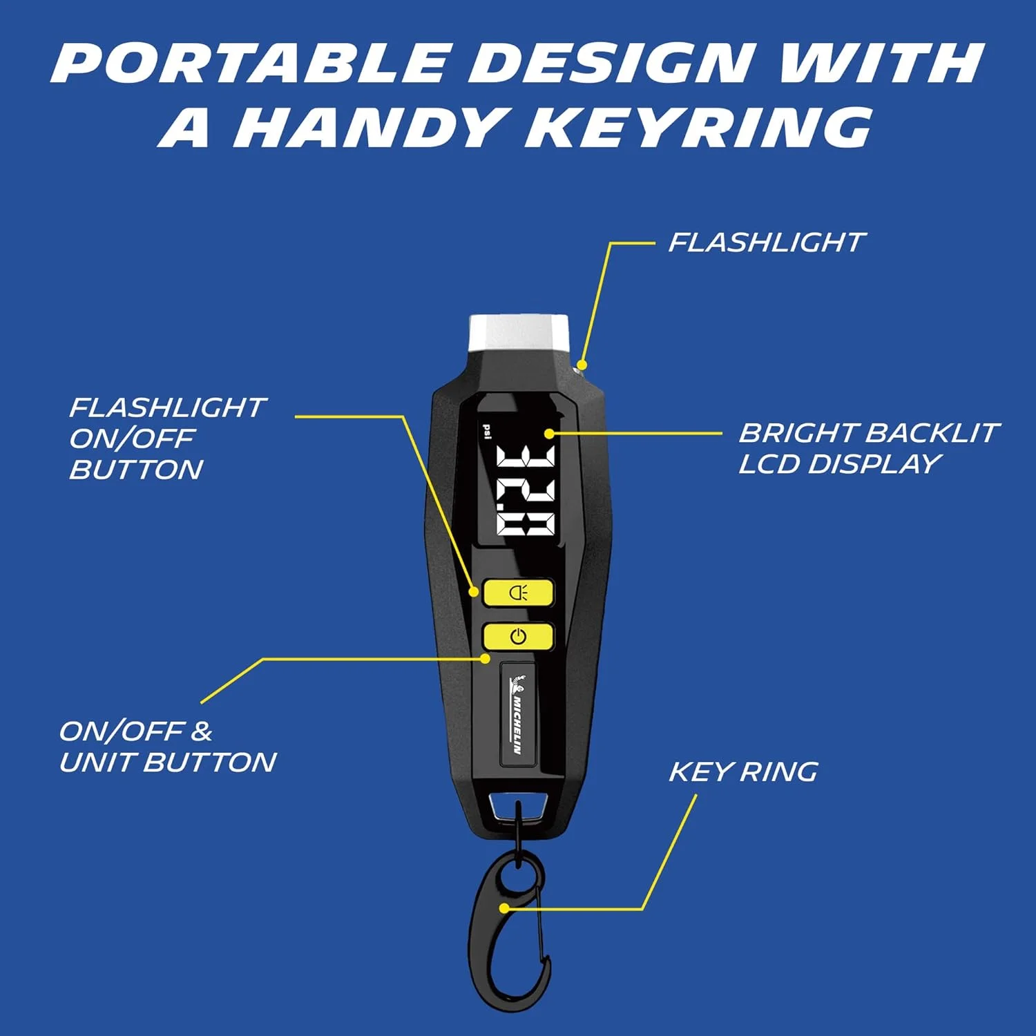 فشارسنج دیجیتال تایر میشلن با جاکلیدی، جمع و جور، مانیتور دقیق فشار تایر برای خودروها، دوچرخه ها، نمایشگر LED، قابل حمل، مشکی