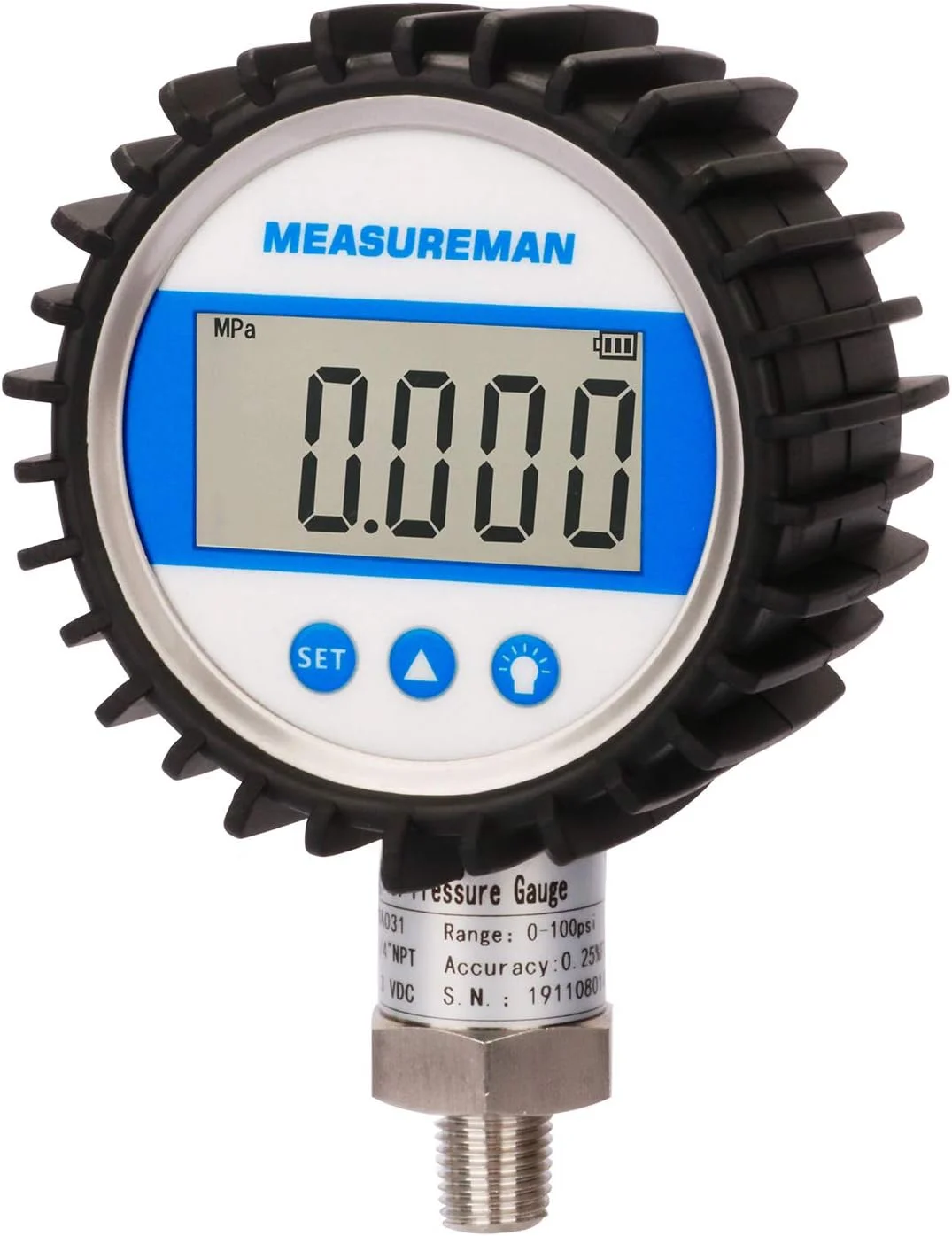 گیج فشار دیجیتال MEASUREMAN، سایز صفحه 3-1/8 اینچ، 0-10000psi/bar/Mpa، اتصال 1/4 اینچ NPT از پایین، دقت 0.25% گیج فشار دیجیتال MEASUREMAN، سایز صفحه 3-1/8 اینچ، 0-10000psi/bar/Mpa، اتصال 1/4 اینچ NPT از پایین، دقت 0.25%