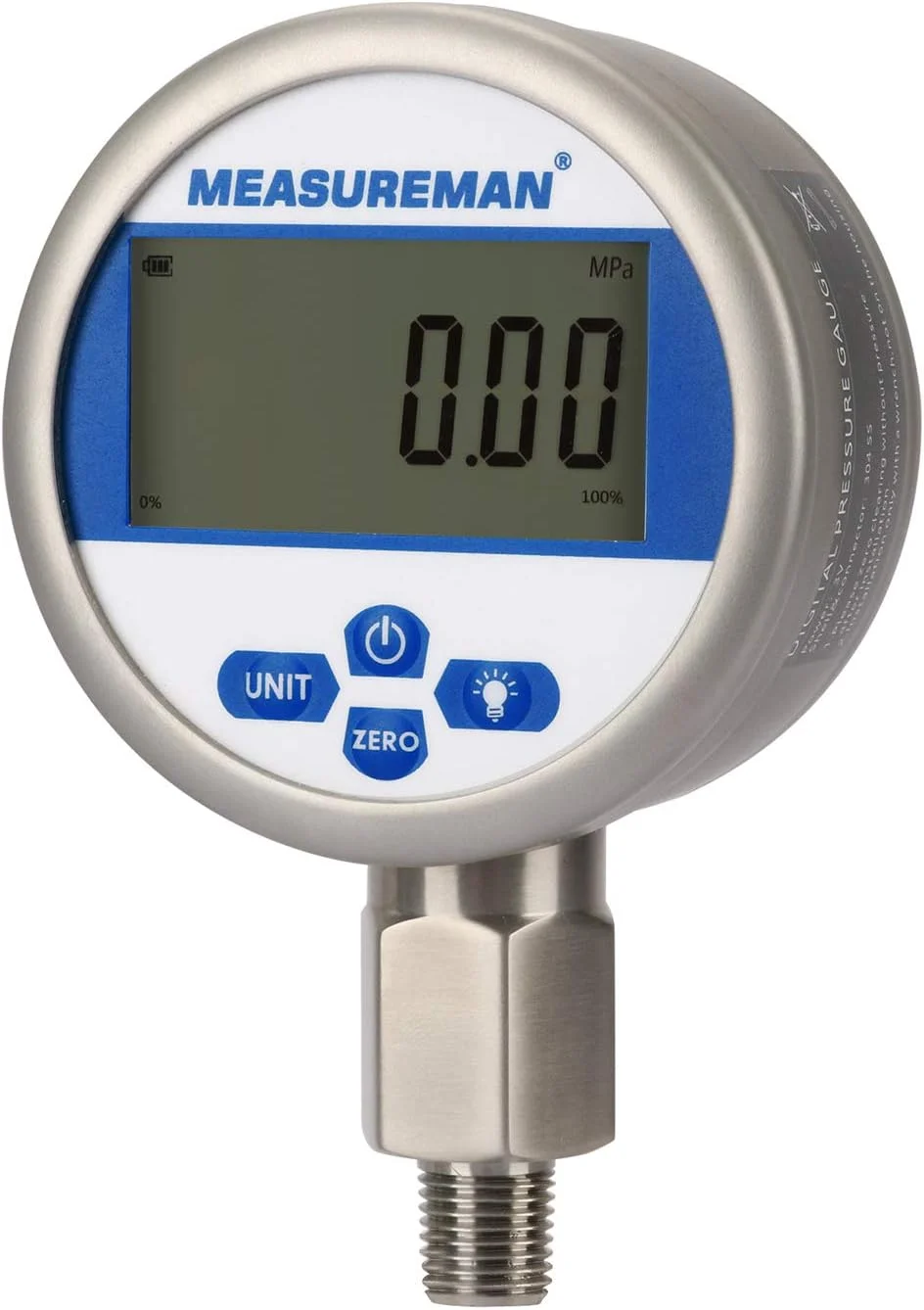 فشارسنج دیجیتال MEASUREMAN 0-10000psi، صفحه 3-1/8 اینچی، 1/4 اینچ NPT پایین، بدنه و اتصال استیل ضد زنگ، 0.4٪، با باتری، با نور LED فشارسنج دیجیتال MEASUREMAN 0-10000psi، صفحه 3-1/8 اینچی، 1/4 اینچ NPT پایین، بدنه و اتصال استیل ضد زنگ، 0.4٪، با باتری، با نور LED